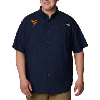 Men's Columbia Navy West Virginia Mountaineers PFG Tamiami Omni-Shade Button-Down Shirt