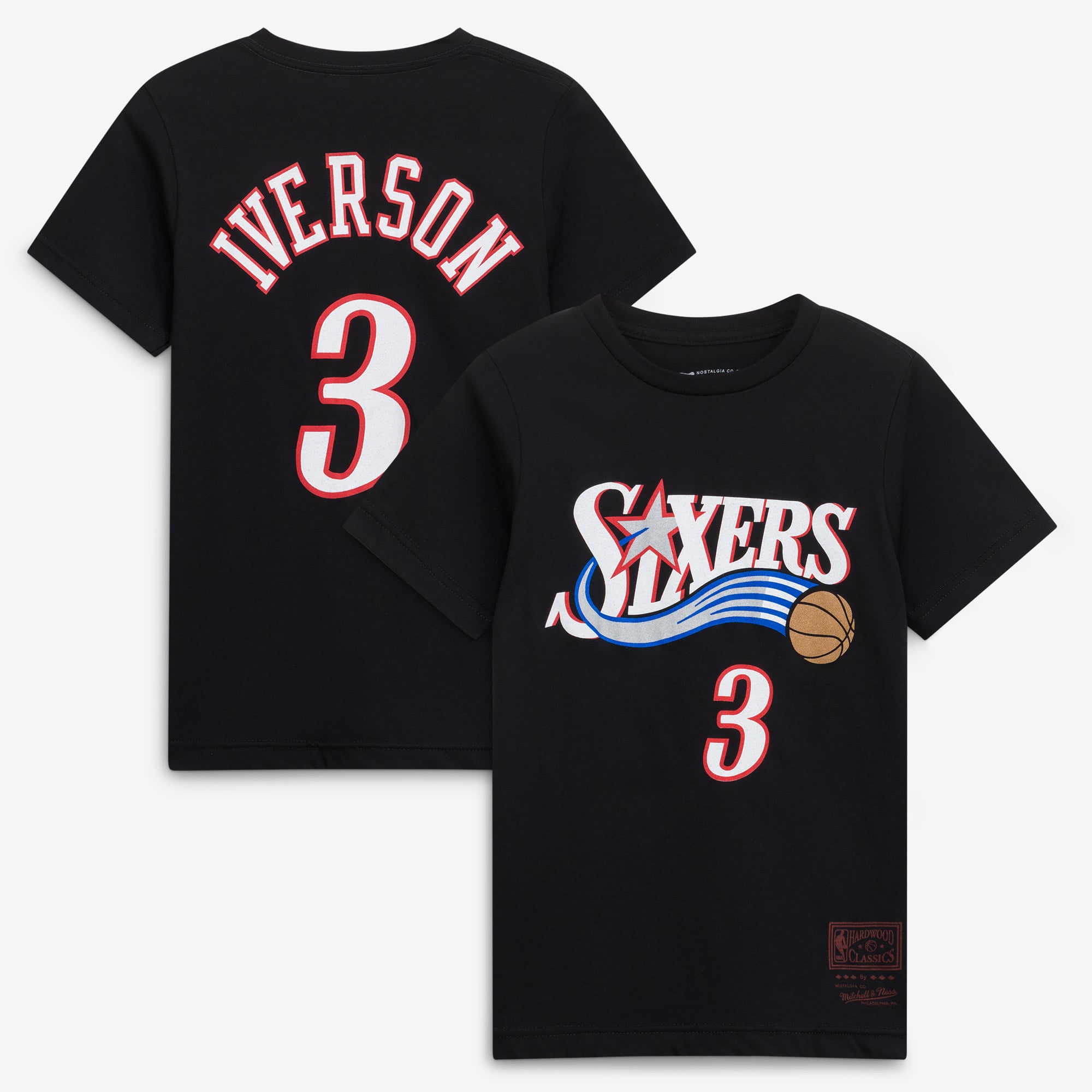 Youth Mitchell & Ness Allen Iverson Black Philadelphia 76ers Hardwood Classics Name & Number T-Shirt