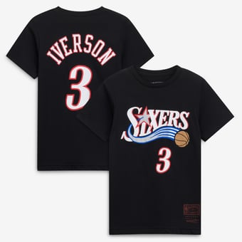 Youth Mitchell & Ness Allen Iverson Black Philadelphia 76ers Hardwood Classics Name & Number T-Shirt