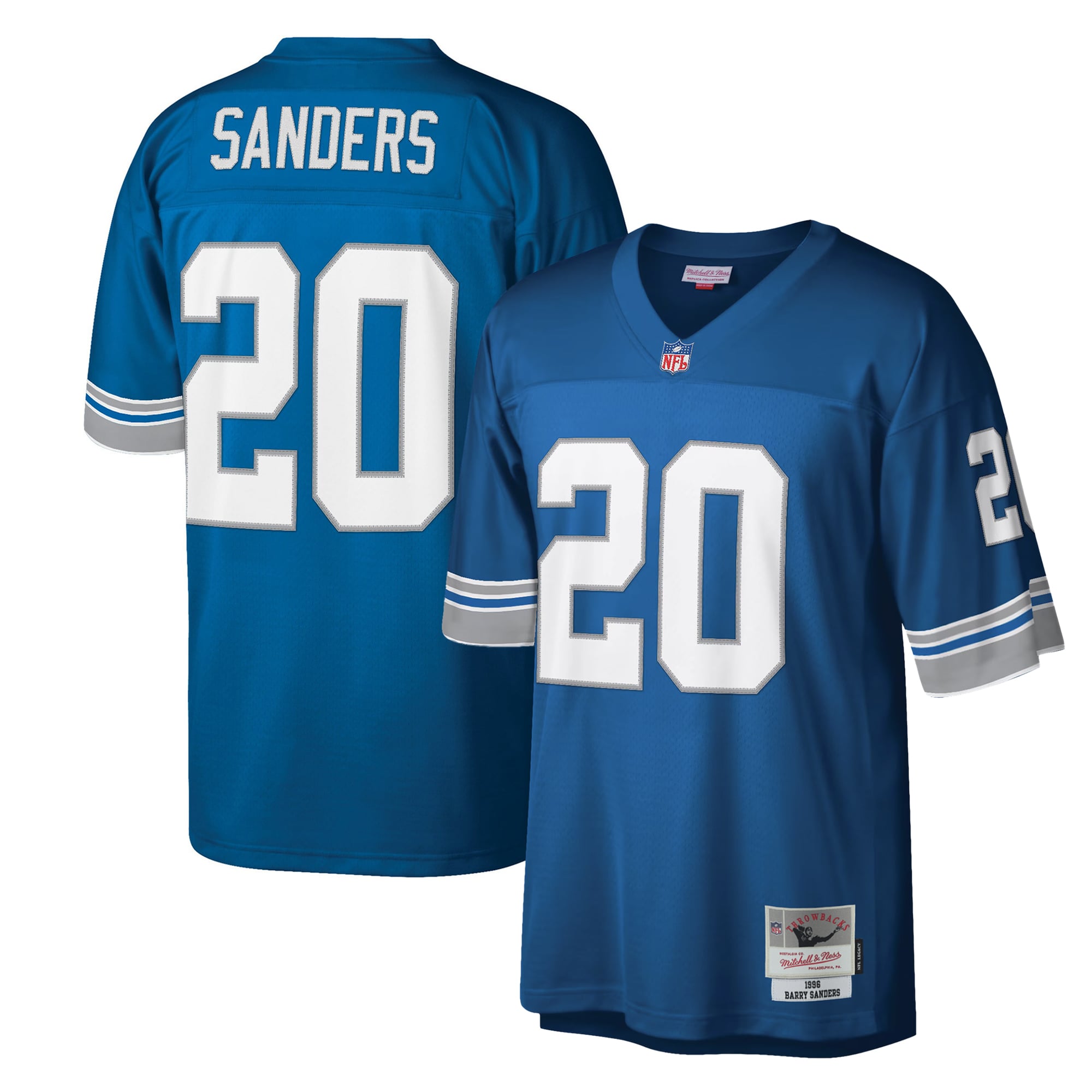 Maglia replica blu dei Detroit Lions di Barry Sanders, modello Mitchell & Ness, da uomo