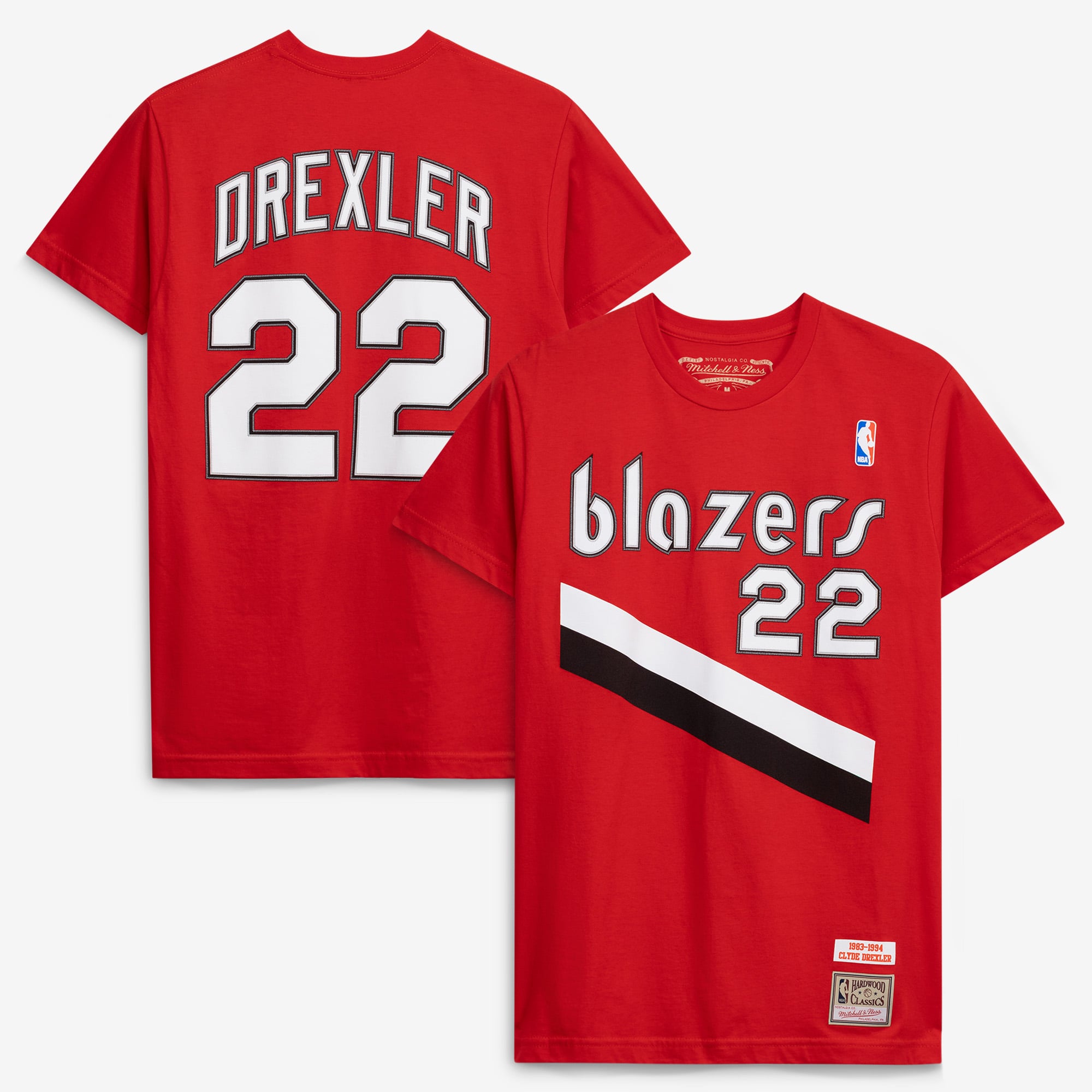 Men's Mitchell & Ness Clyde Drexler Red Portland Trail Blazers Hardwood Classics Player Name & Number T-Shirt