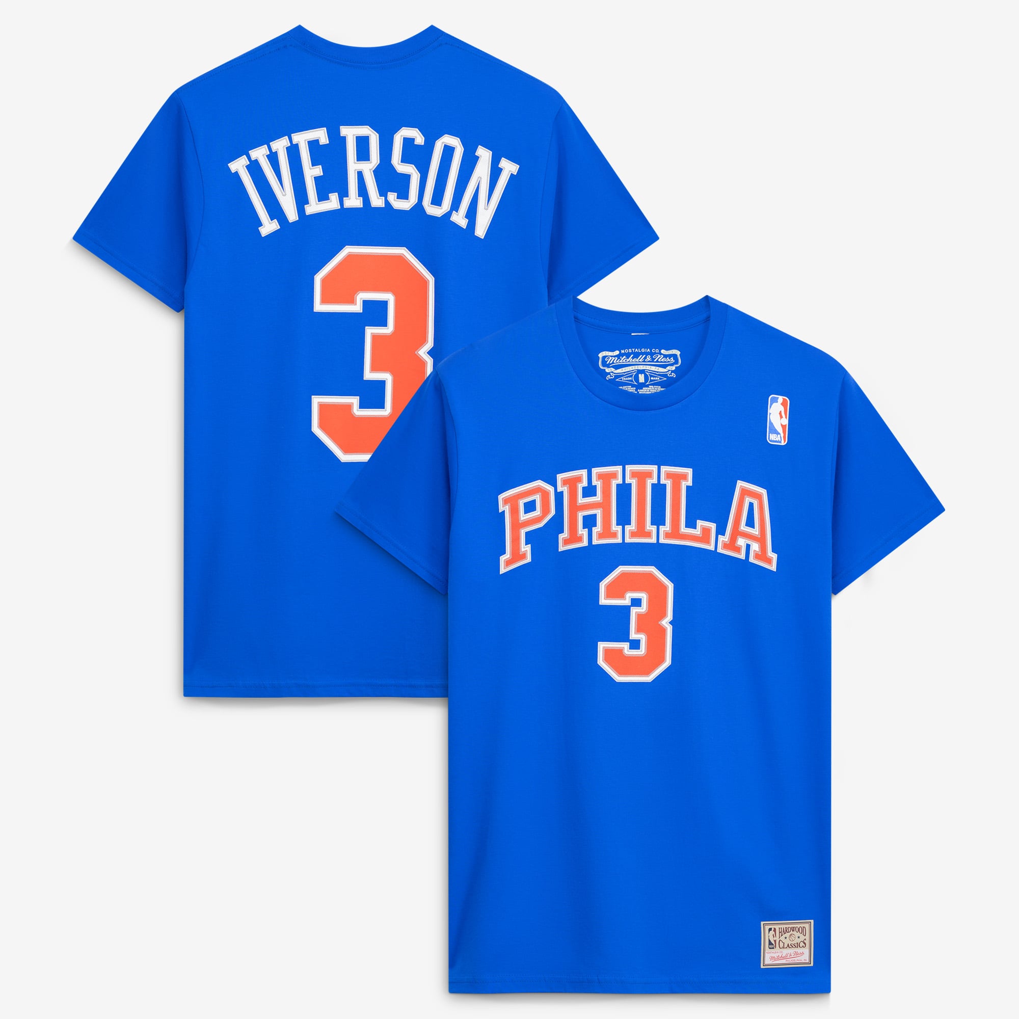 Men's Mitchell & Ness Allen Iverson Royal Philadelphia 76ers Hardwood Classics Name & Number Player T-Shirt