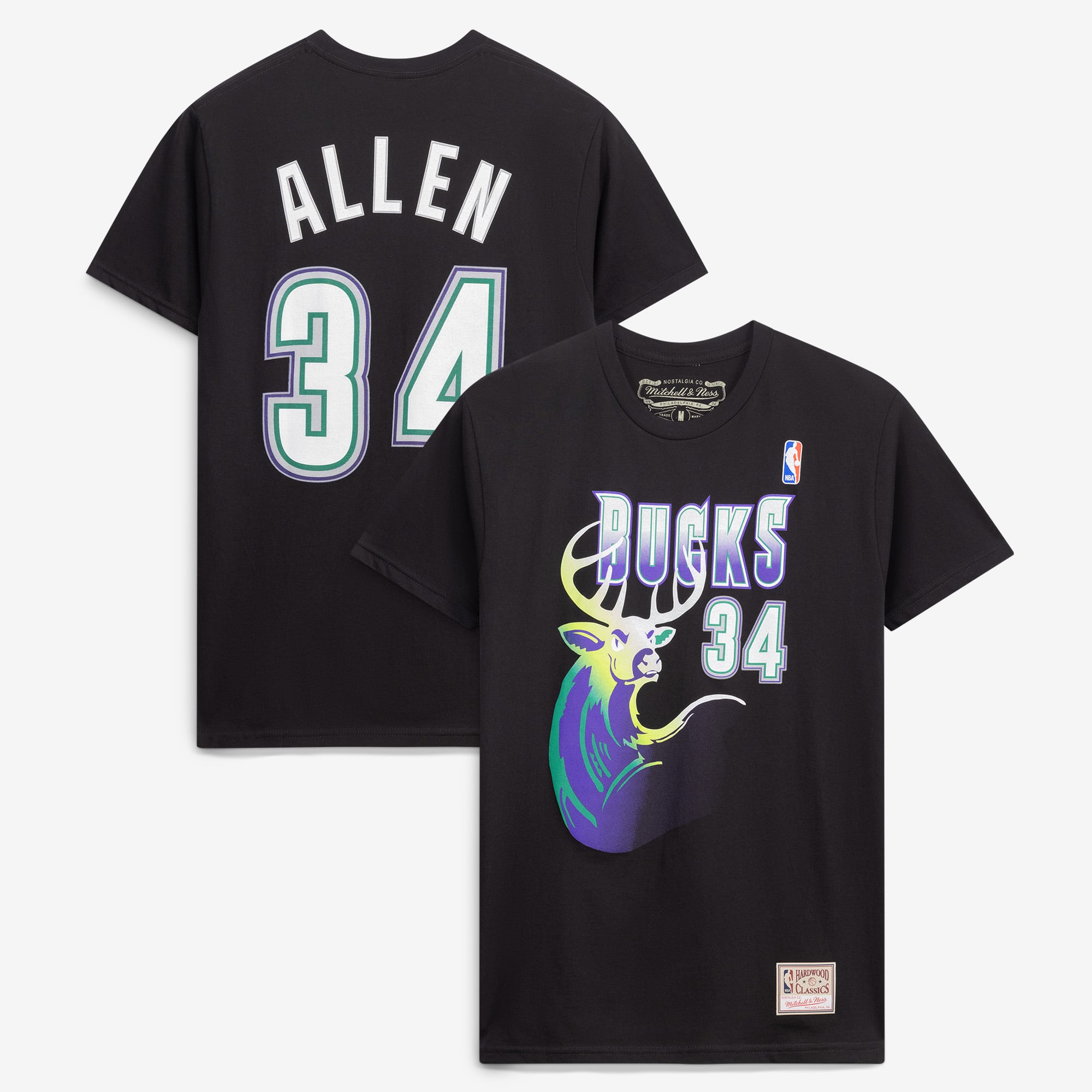 Men's Mitchell & Ness Ray Allen Black Milwaukee Bucks Hardwood Classics Stitch Name & Number T-Shirt