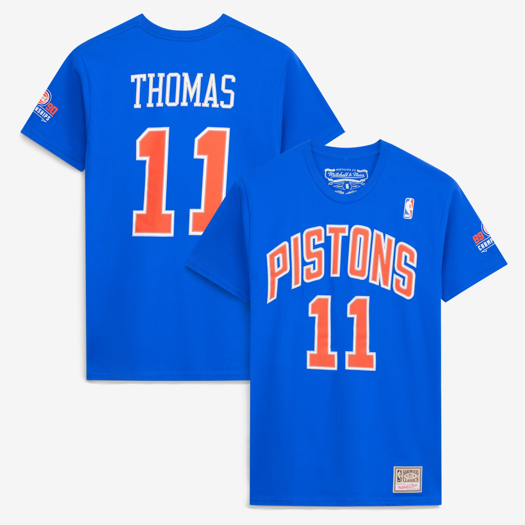 Men's Mitchell & Ness Isiah Thomas Blue Detroit Pistons Hardwood Classics Stitch Name & Number T-Shirt