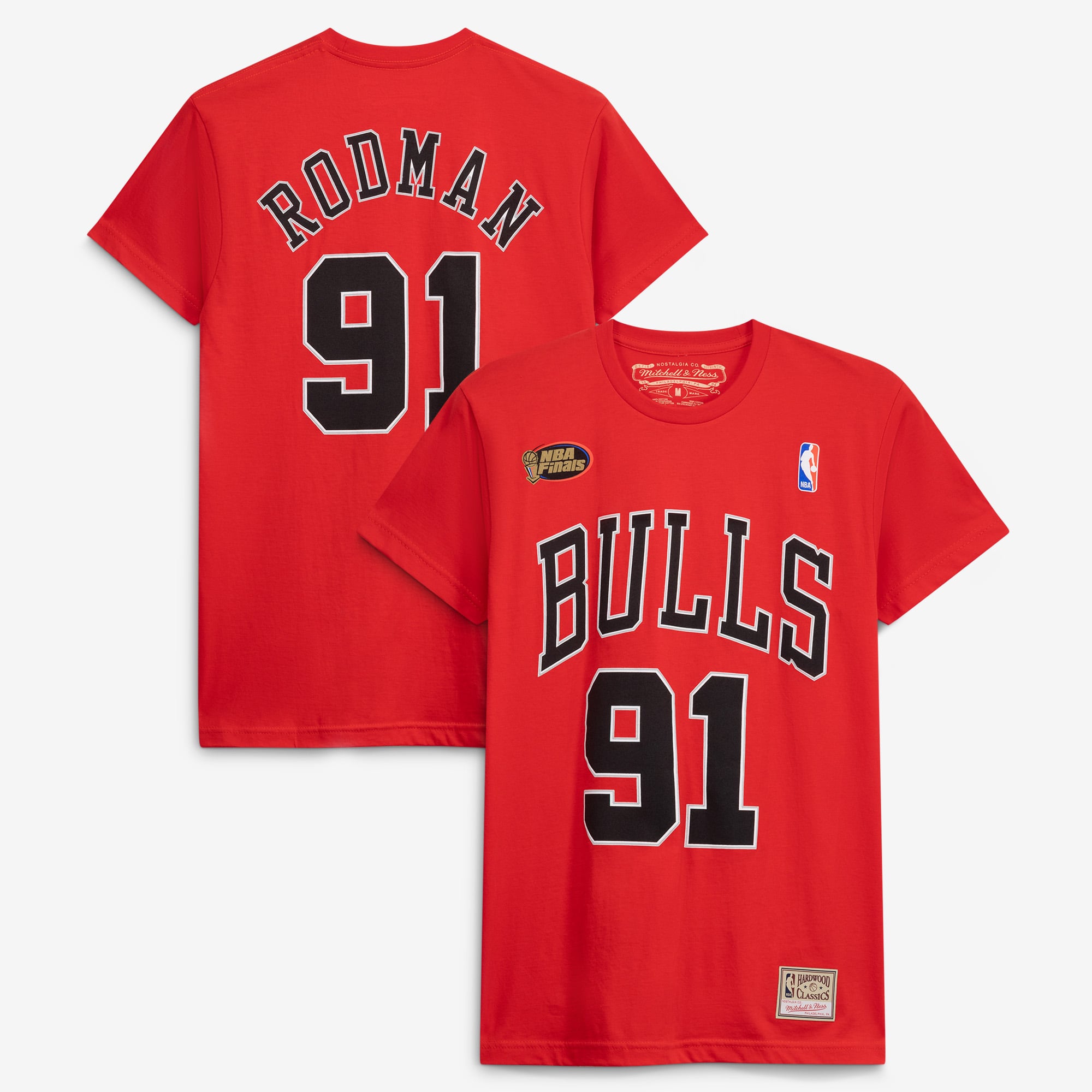 Men's Mitchell & Ness Dennis Rodman Red Chicago Bulls Hardwood Classics Stitch Name & Number T-Shirt