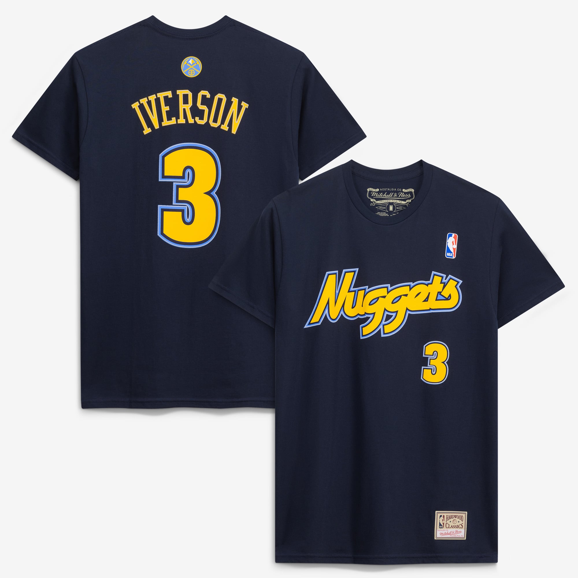 Men's Mitchell & Ness Allen Iverson Navy Denver Nuggets Hardwood Classics Stitch Name & Number T-Shirt