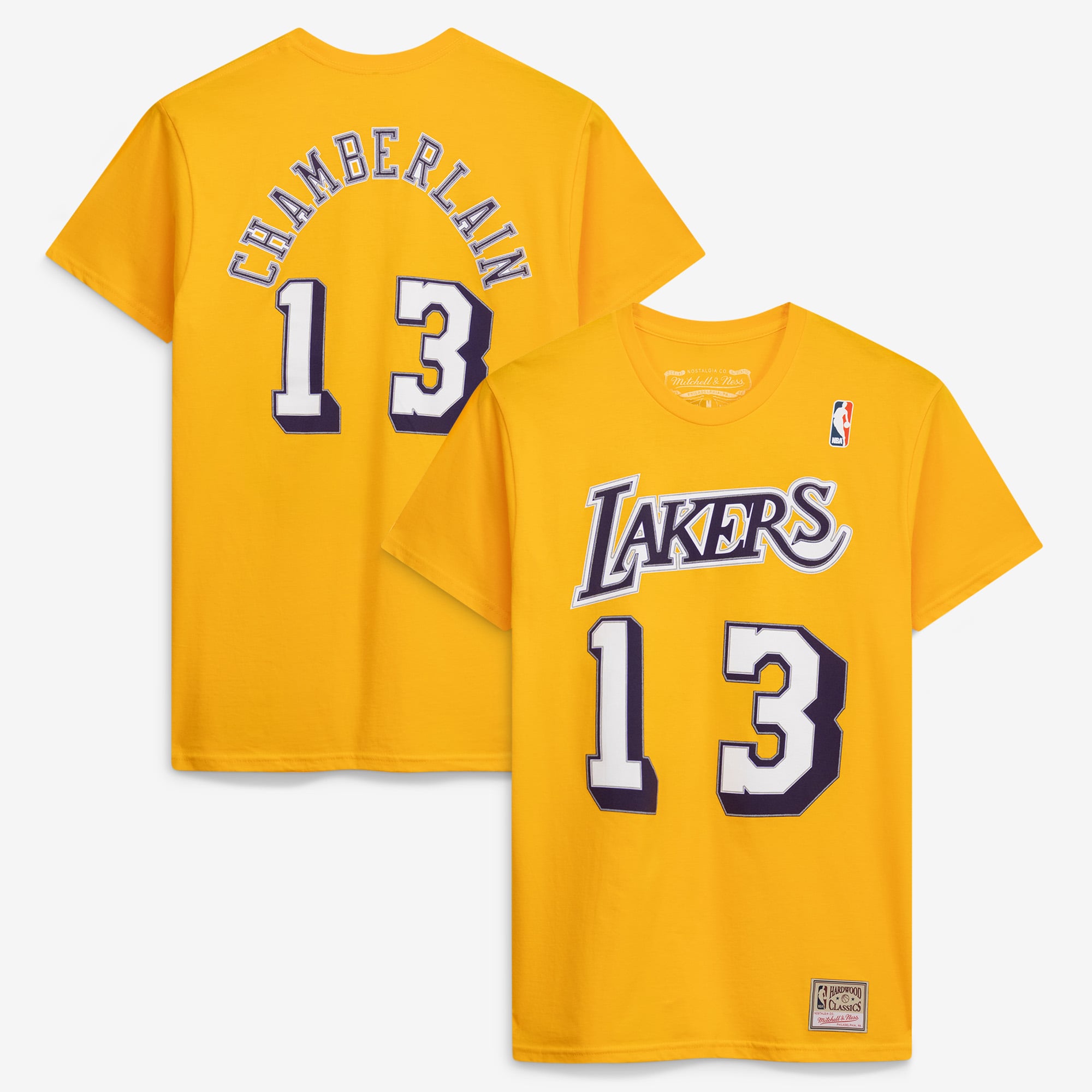 Men's Mitchell & Ness Wilt Chamberlain Gold Los Angeles Lakers Hardwood Classics Stitch Name & Number T-Shirt