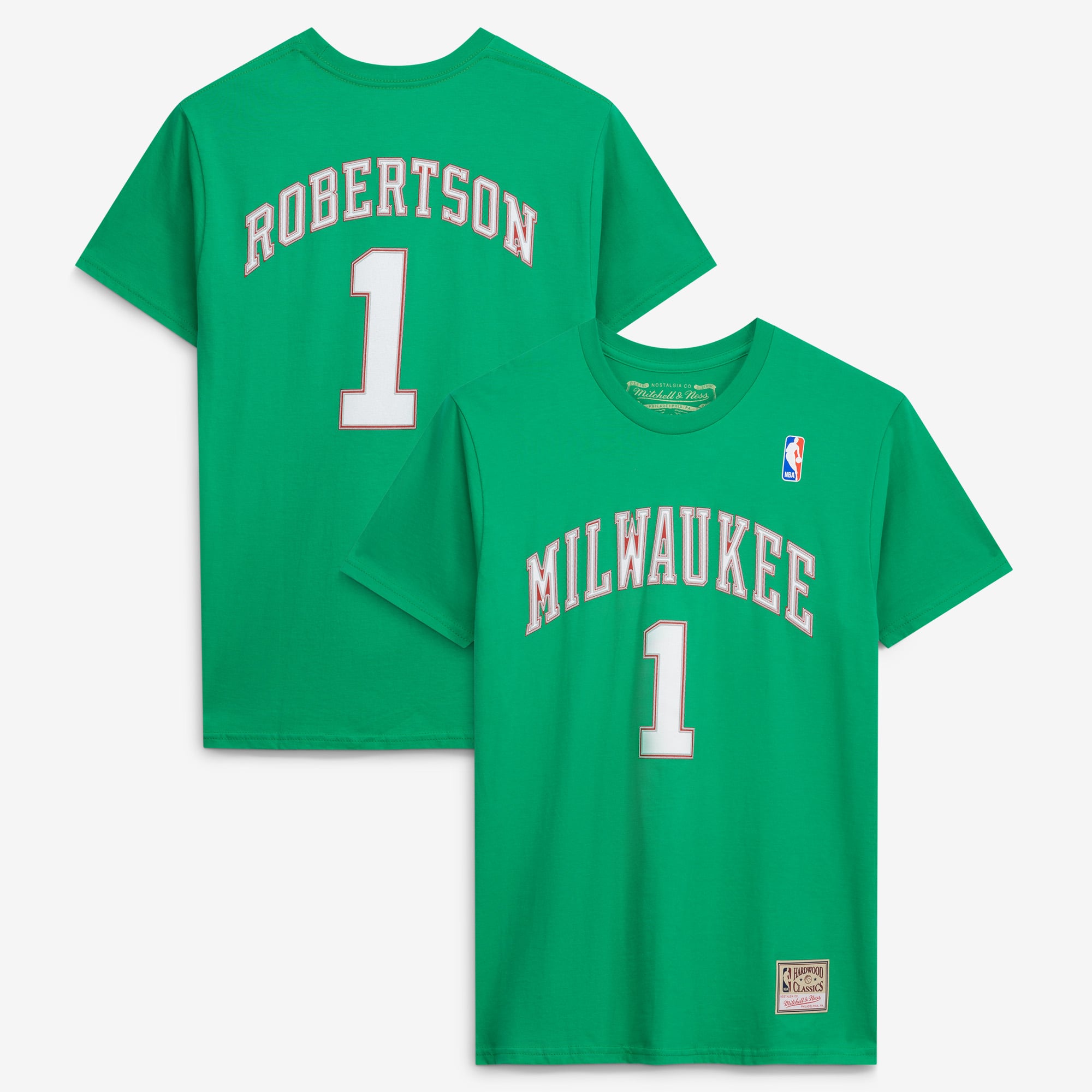 Men's Mitchell & Ness Oscar Robertson Green Milwaukee Bucks Hardwood Classics Stitch Name & Number T-Shirt