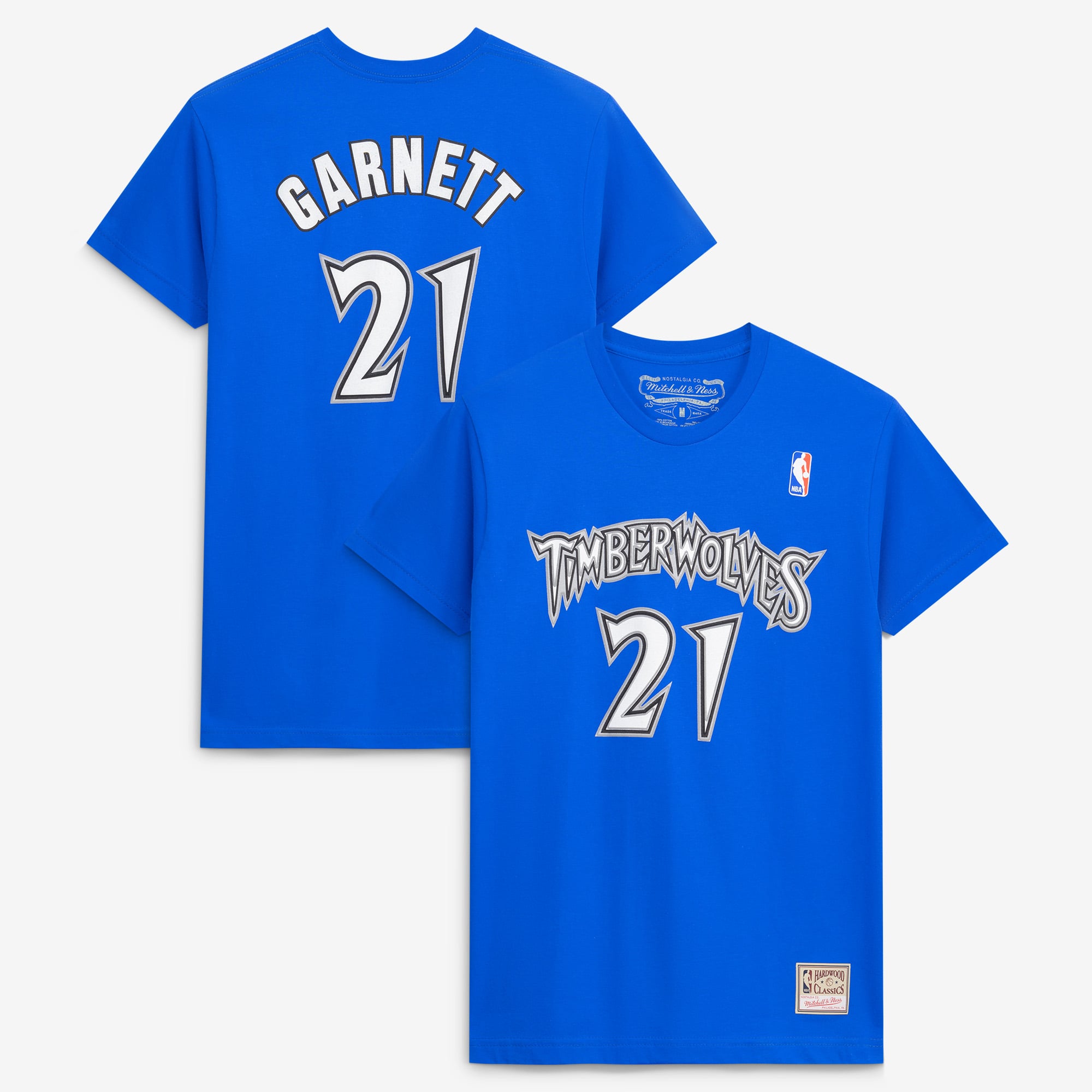 Men's Mitchell & Ness Kevin Garnett Blue Minnesota Timberwolves Hardwood Classics Stitch Name & Number T-Shirt
