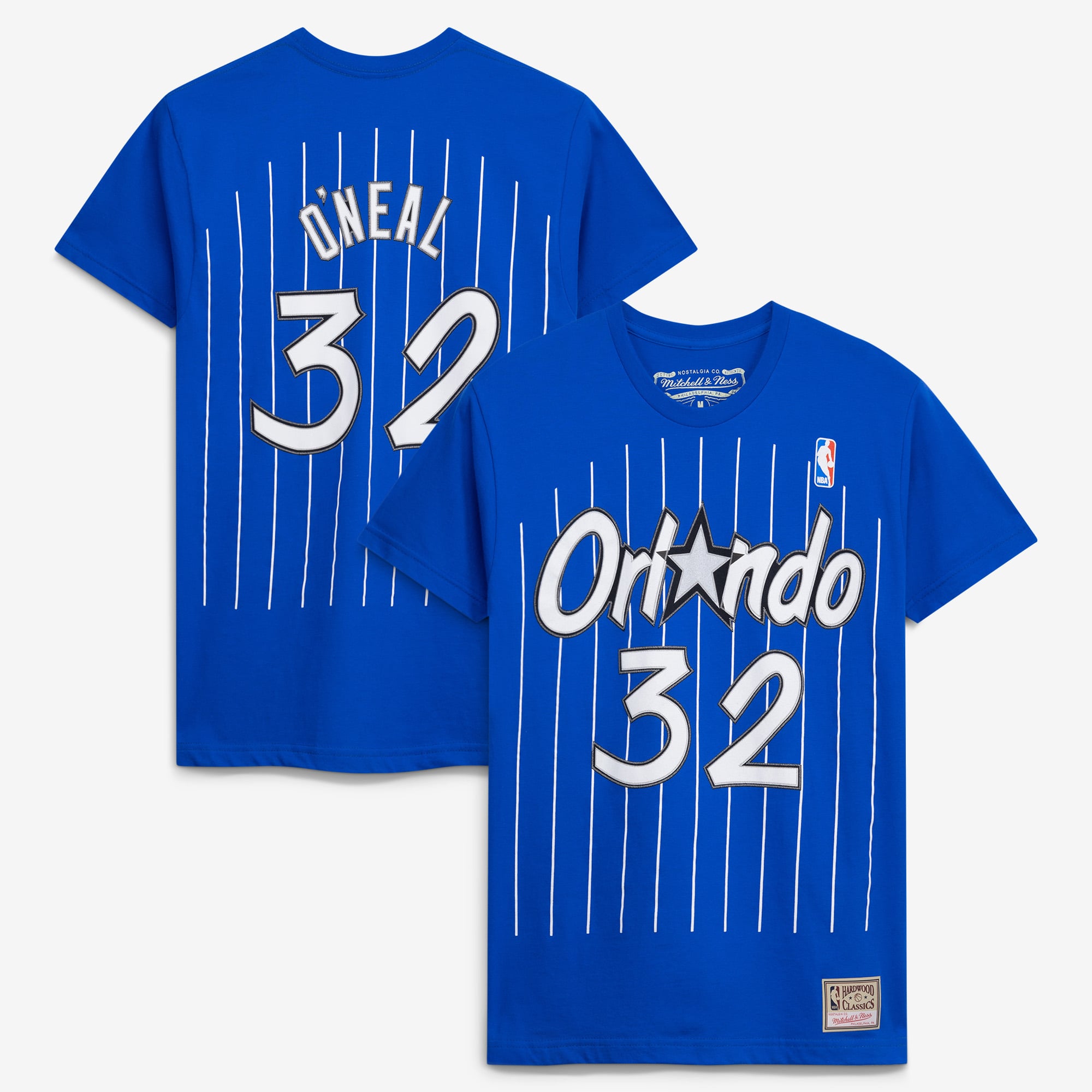 Men's Mitchell & Ness Shaquille O'Neal Blue Orlando Magic Hardwood Classics Stitch Name & Number T-Shirt