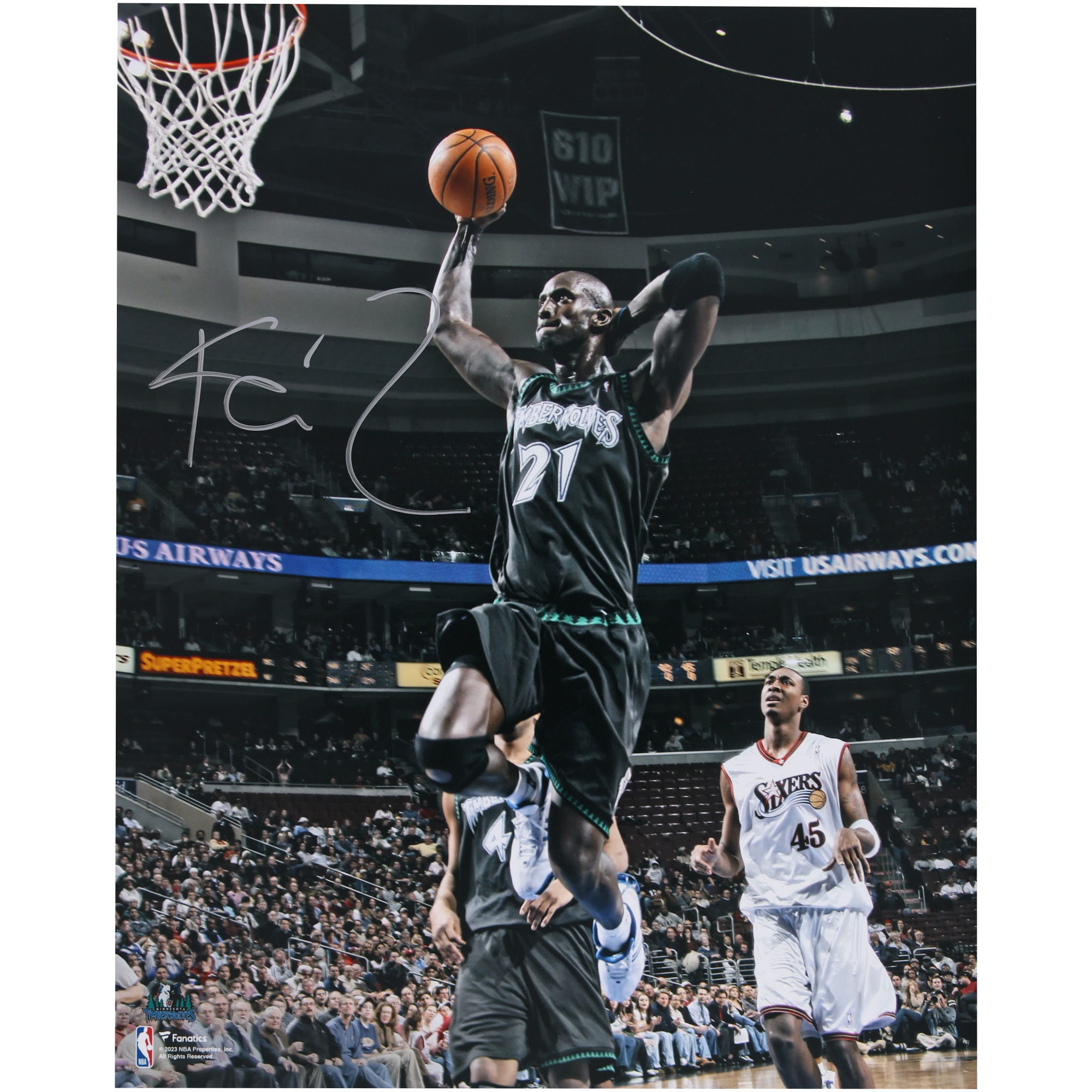 Kevin Garnett Minnesota Timberwolves Autographed 16" x 20" Hand Behind Head Dunking Photograph