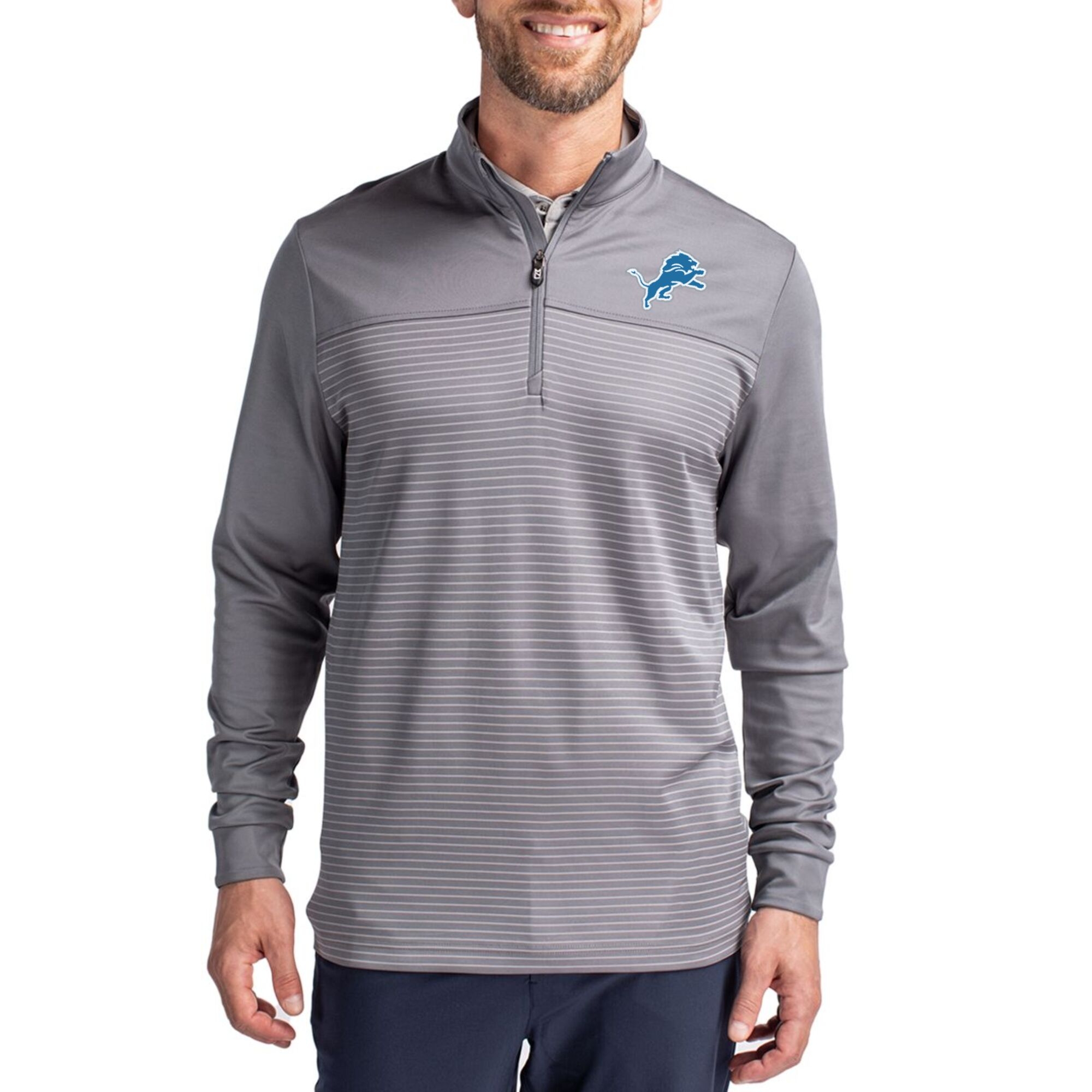 Men's Cutter & Buck Gray Detroit Lions Traverse Stripe Quarter-Zip Pullover Jacket