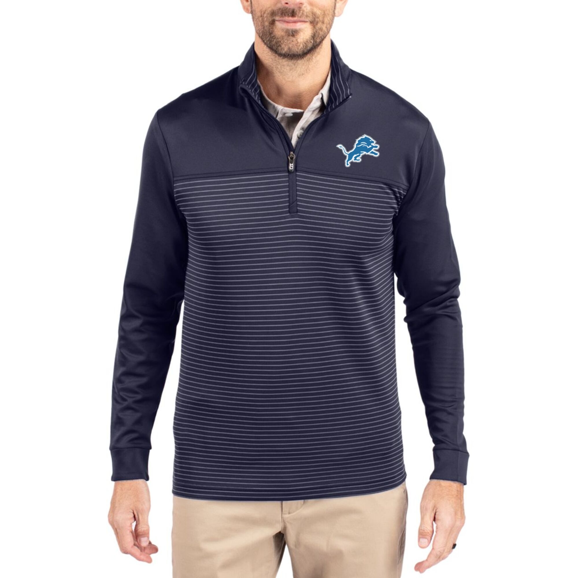 Men's Cutter & Buck Navy Detroit Lions Traverse Stripe Quarter-Zip Pullover Jacket