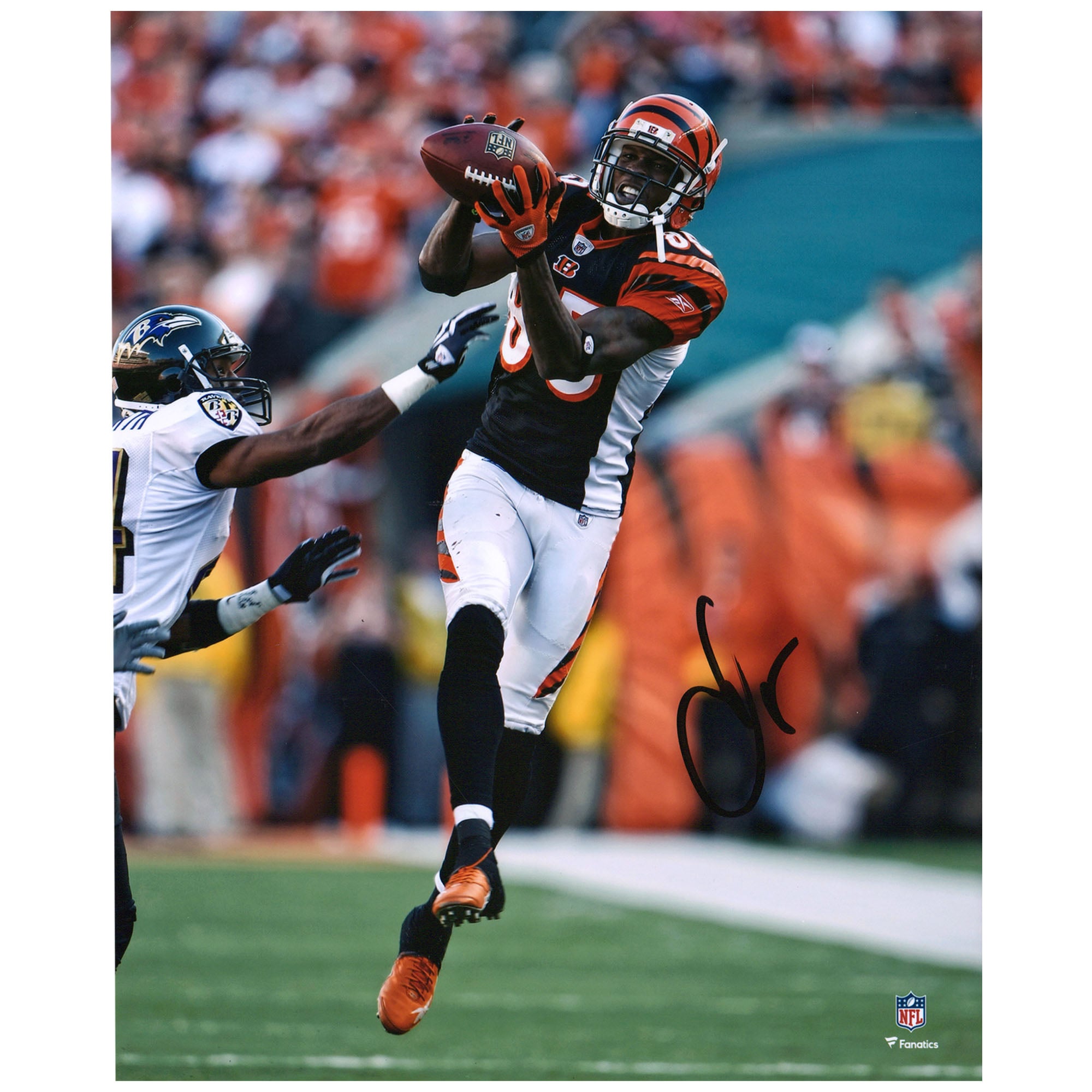 Chad Johnson Cincinnati Bengals Autographed 8" x 10" Black Jersey Making Catch Photograph