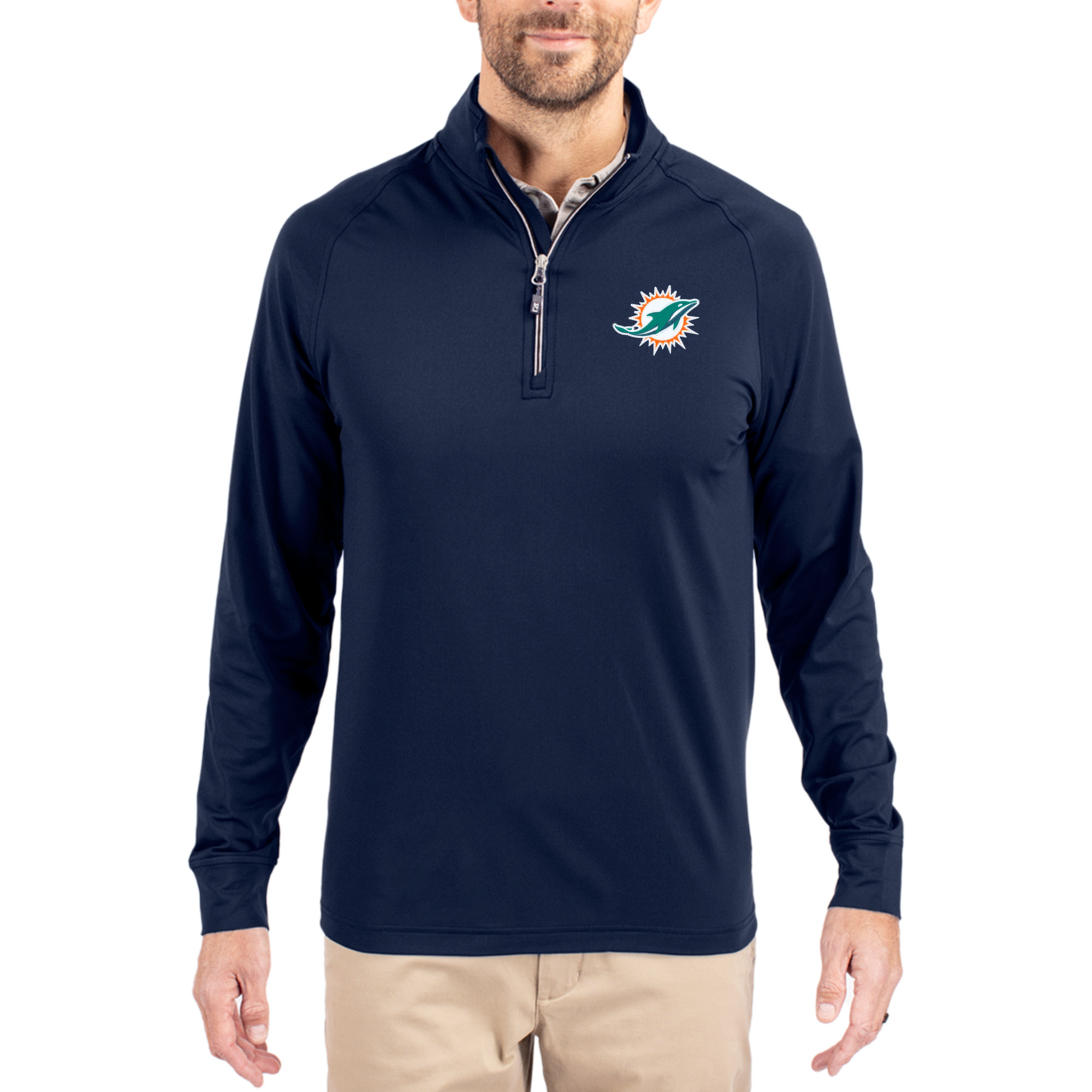 Men's Cutter & Buck Navy Miami Dolphins Adapt Eco Knit Quarter-Zip Pullover Jacket