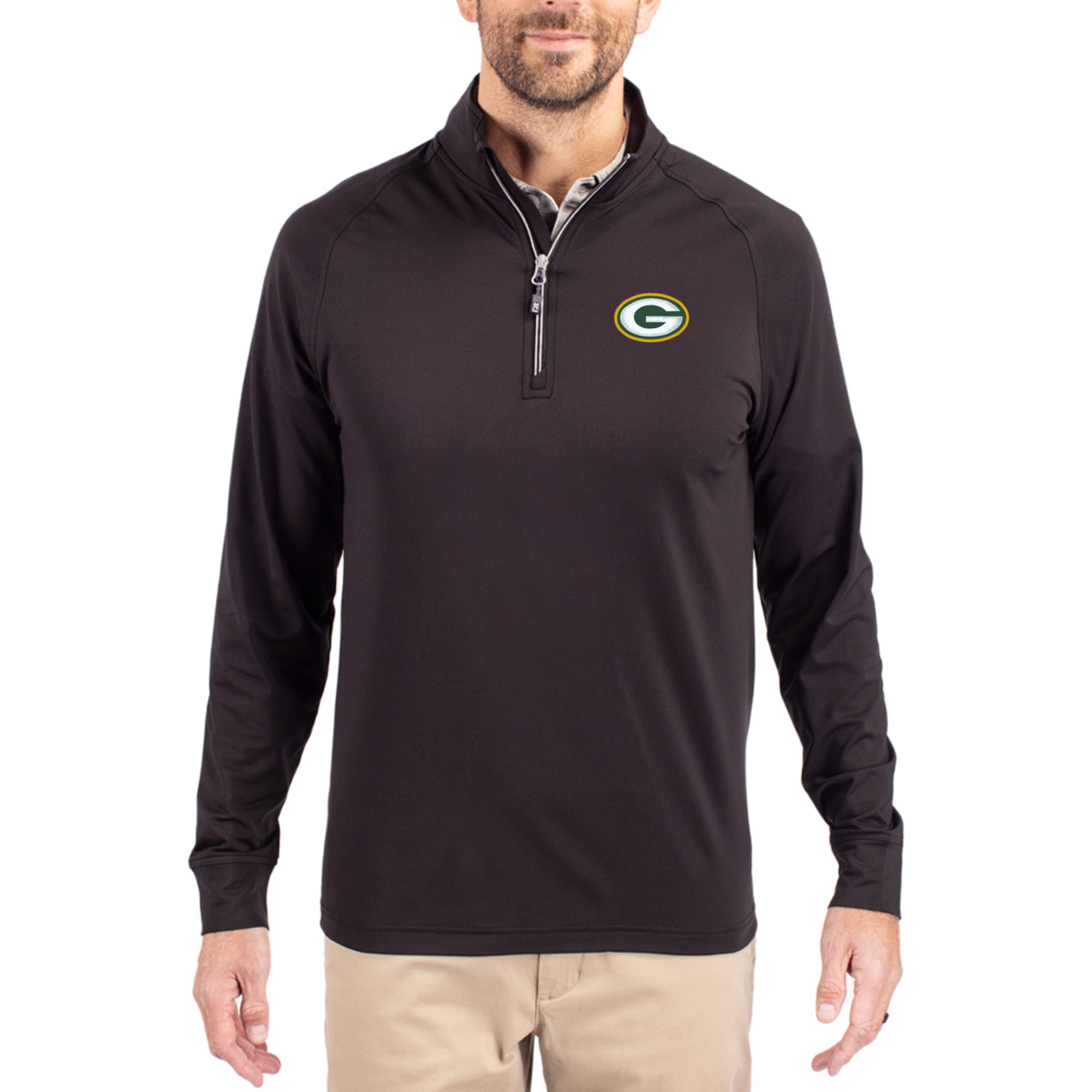 Men's Cutter & Buck Black Green Bay Packers Adapt Eco Knit Quarter-Zip Pullover Jacket
