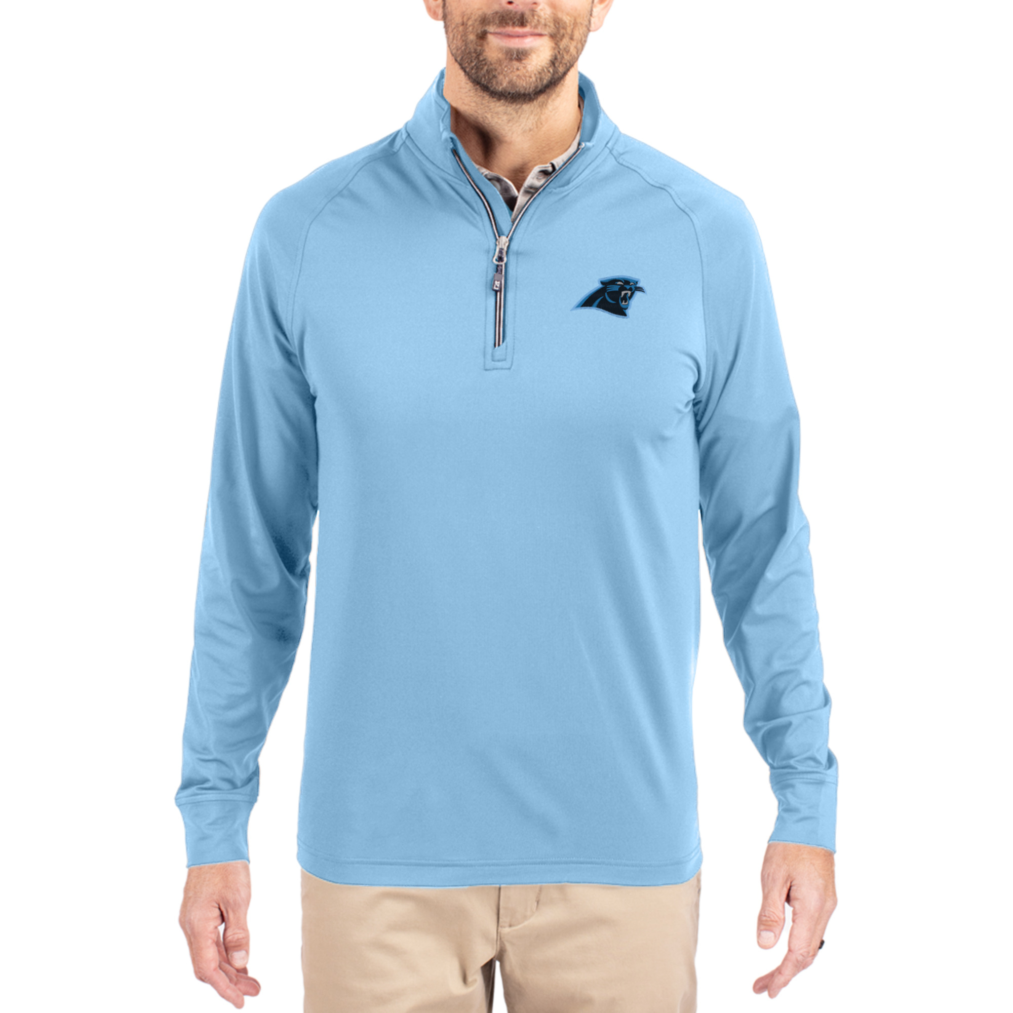 Men's Cutter & Buck Blue Carolina Panthers Adapt Eco Knit Quarter-Zip Pullover Jacket