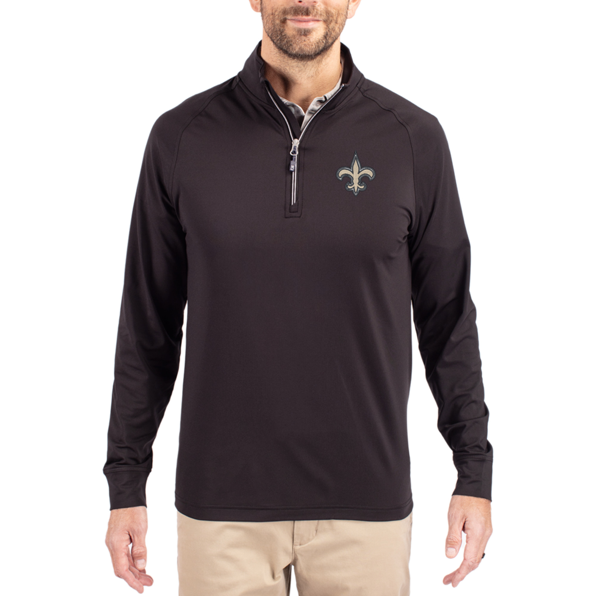 Men's Cutter & Buck Black New Orleans Saints Adapt Eco Knit Quarter-Zip Pullover Jacket