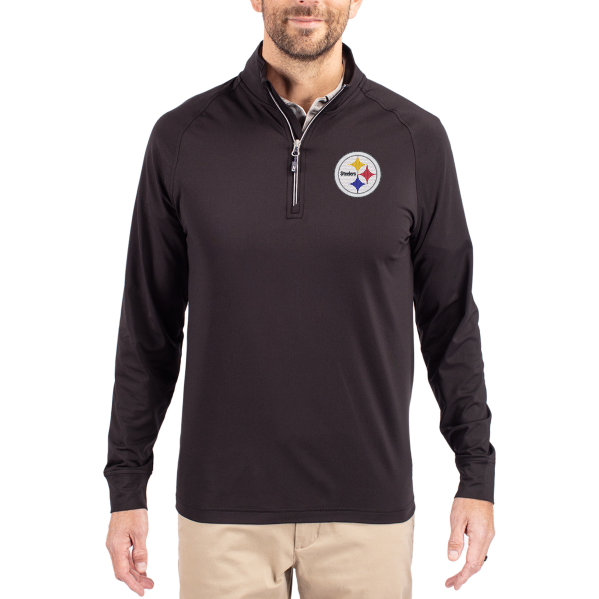 Men's Cutter & Buck Black Pittsburgh Steelers Adapt Eco Knit Quarter-Zip Pullover Jacket