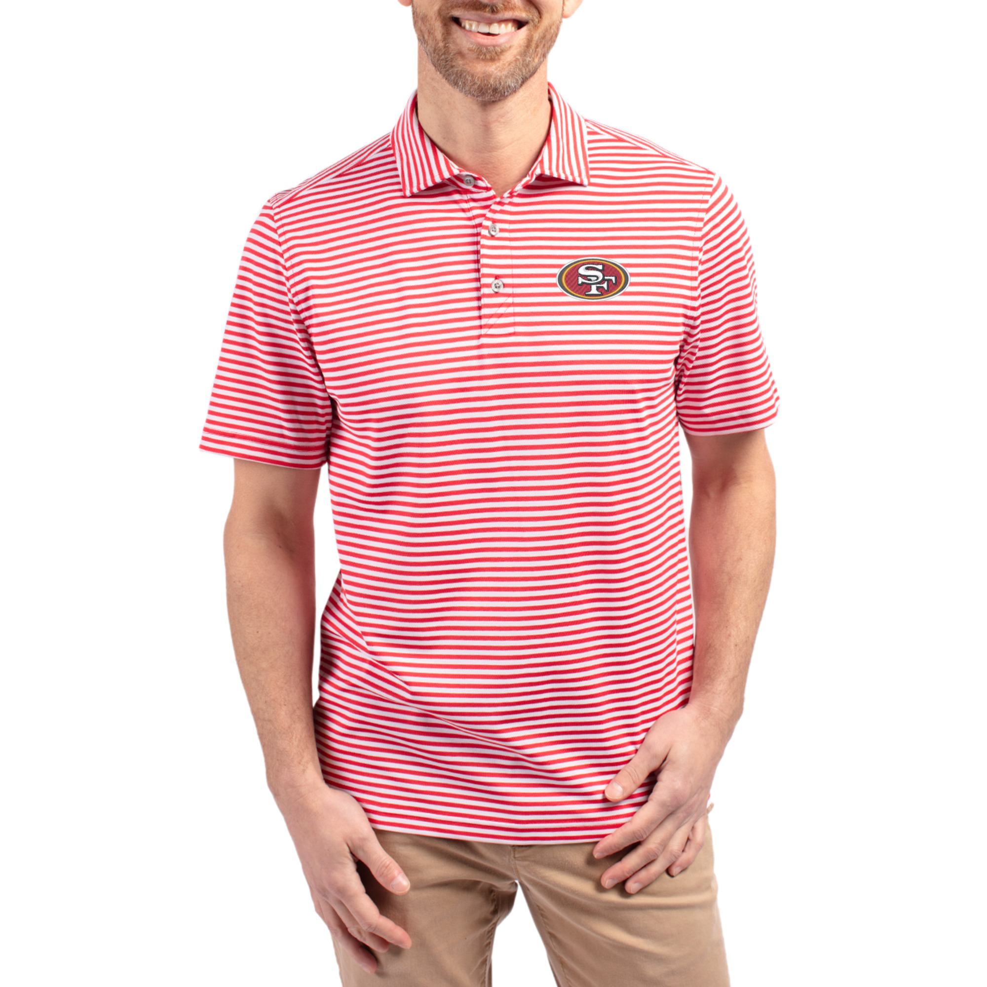 Men's Cutter & Buck Scarlet San Francisco 49ers Virtue Eco Pique Stripe Recycled Polo
