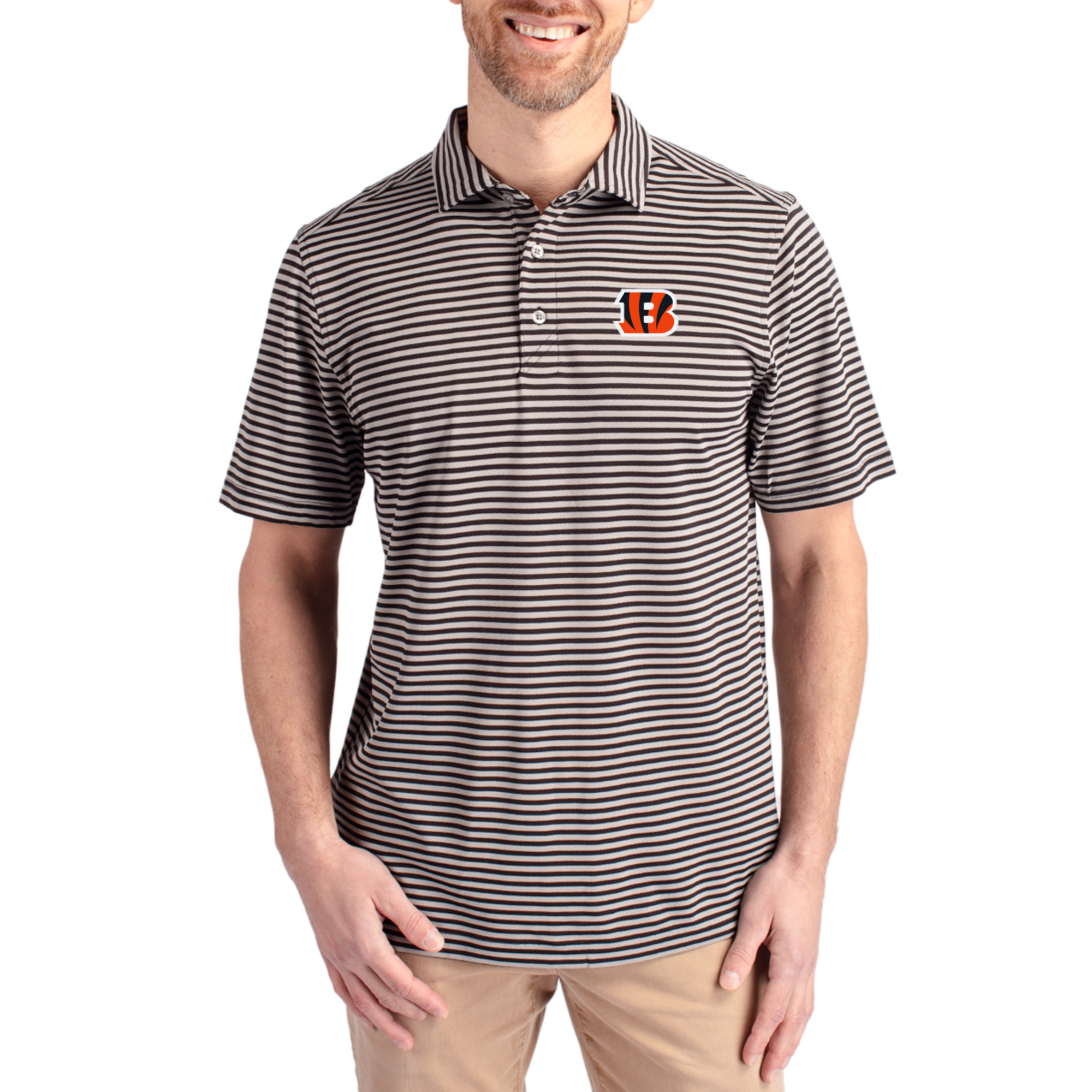 Men's Cutter & Buck Black Cincinnati Bengals Virtue Eco Pique Stripe Recycled Polo