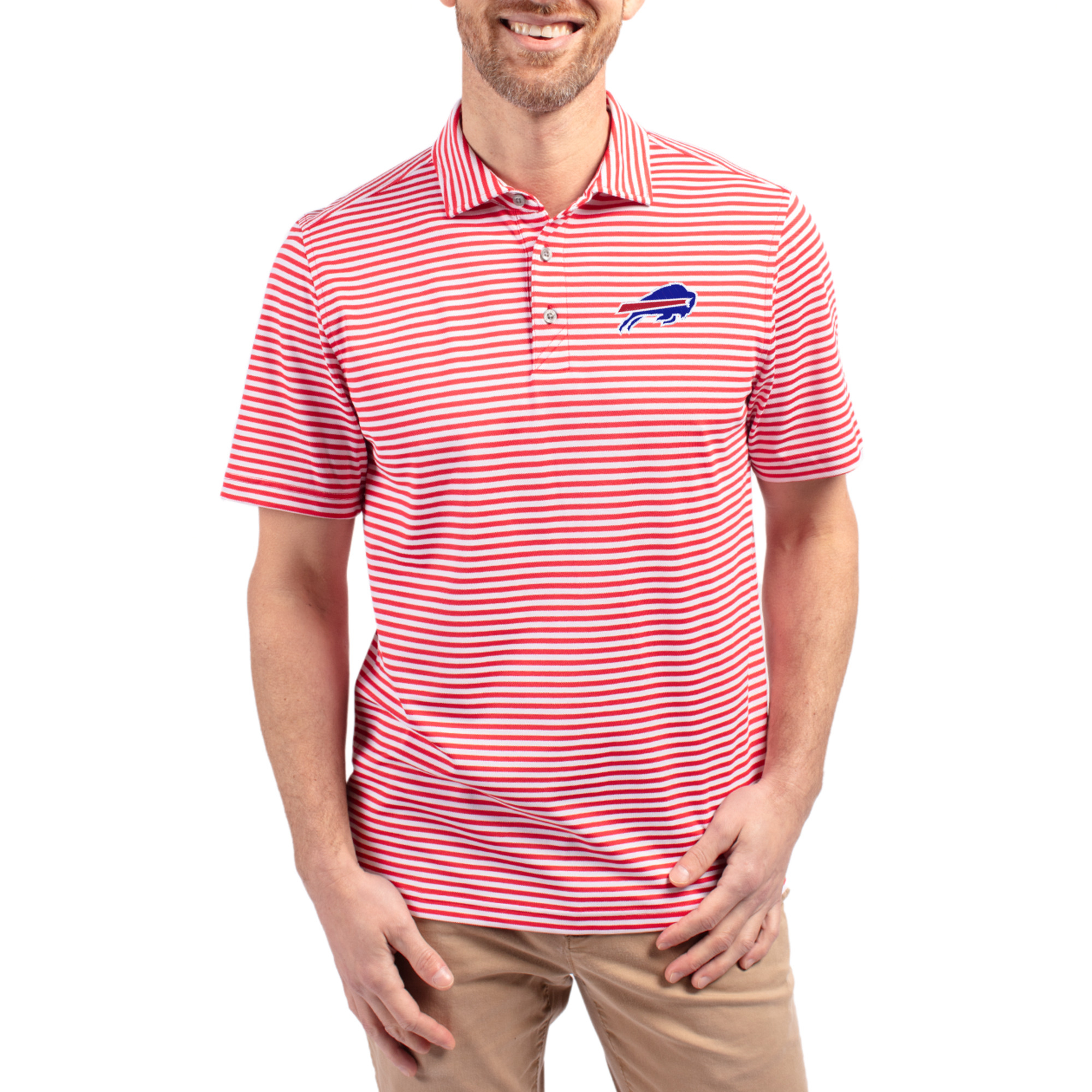 Men's Cutter & Buck Red Buffalo Bills Virtue Eco Pique Stripe Recycled Polo
