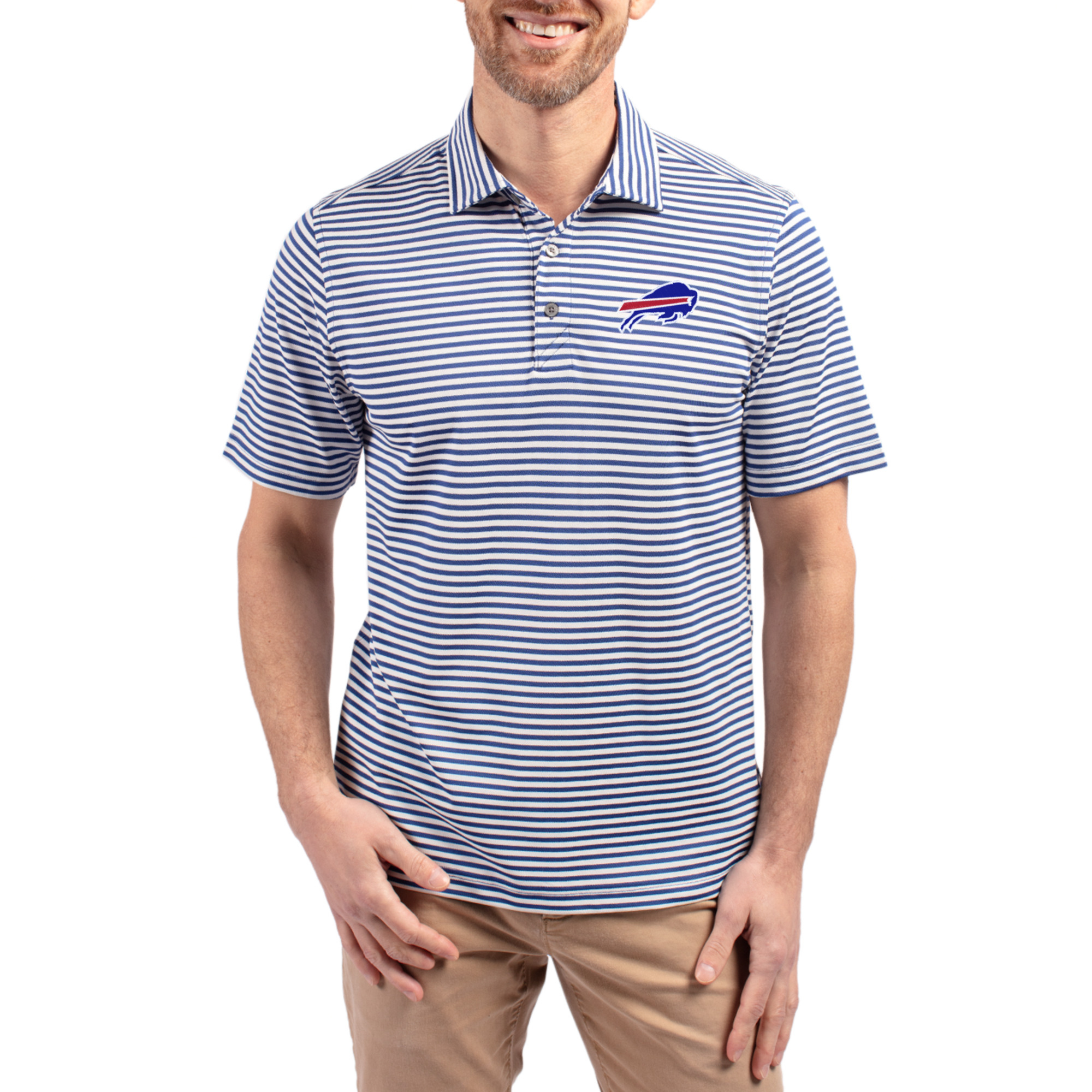 Men's Cutter & Buck Royal Buffalo Bills Virtue Eco Pique Stripe Recycled Polo