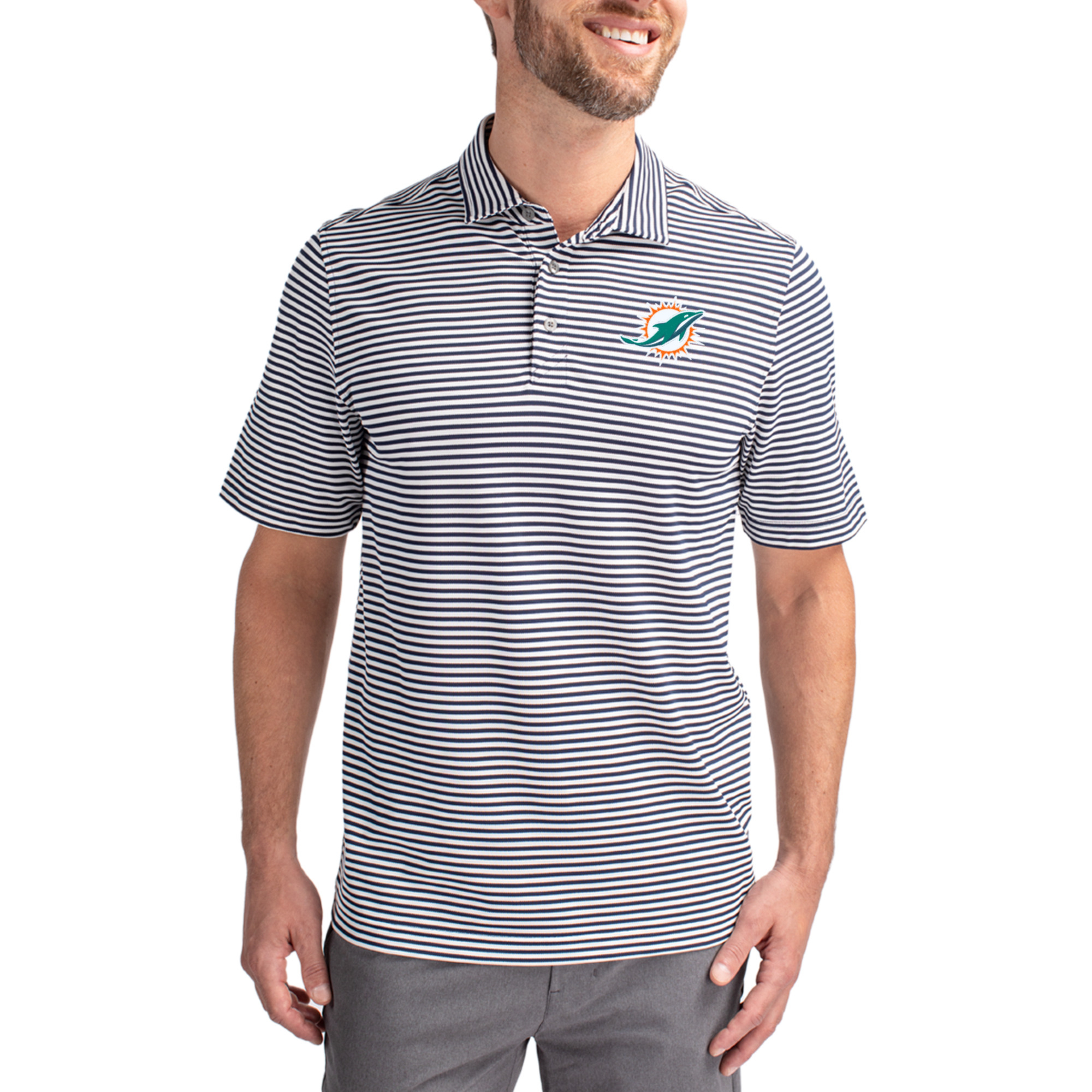 Men’s Cutter & Buck Navy Miami Dolphins Virtue Eco Pique Stripe Recycled Polo Men’s Cutter & Buck Navy Miami Dolphins Virtue Eco Pique Stripe Recycled Polo