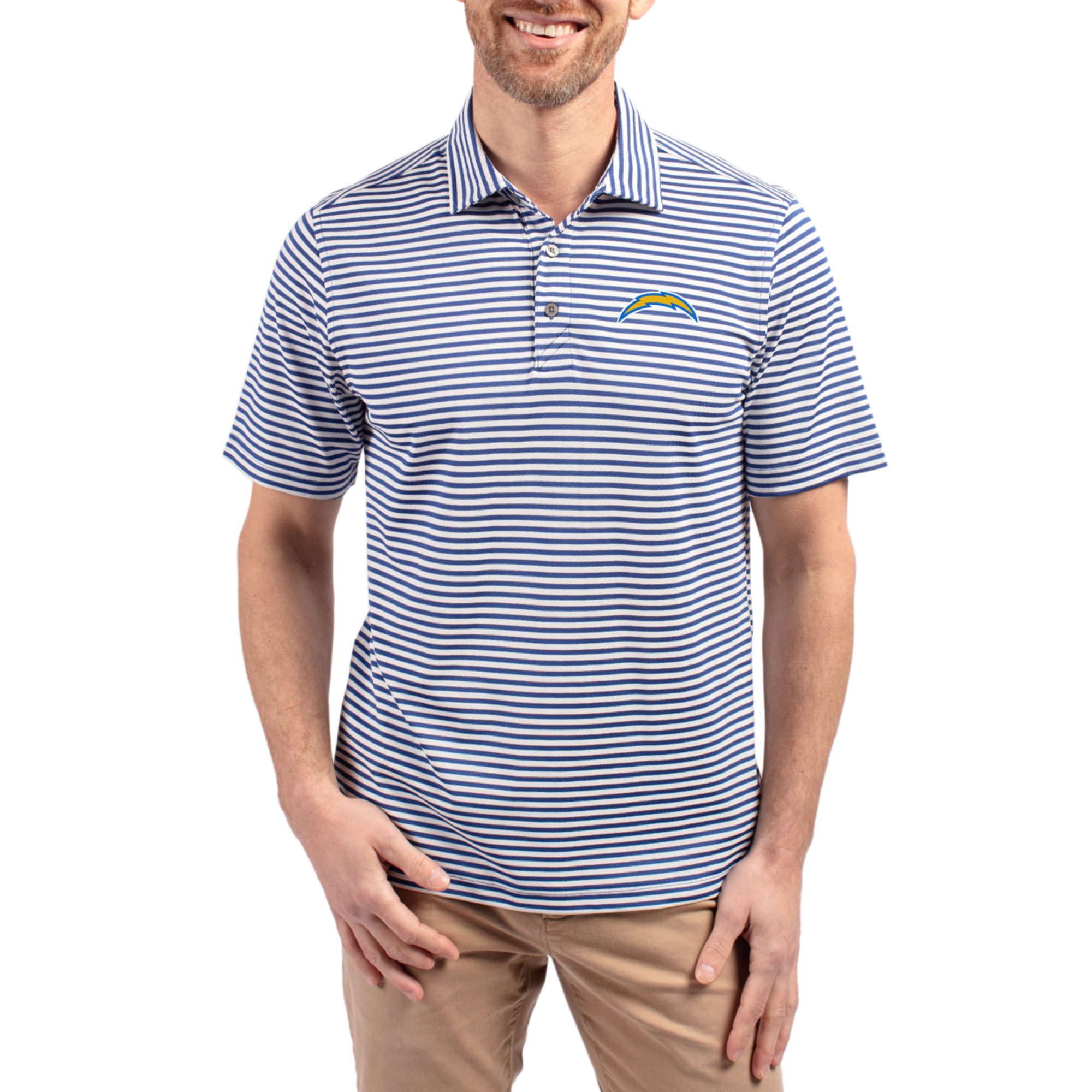 Men's Cutter & Buck Royal Los Angeles Chargers Virtue Eco Pique Stripe Recycled Polo