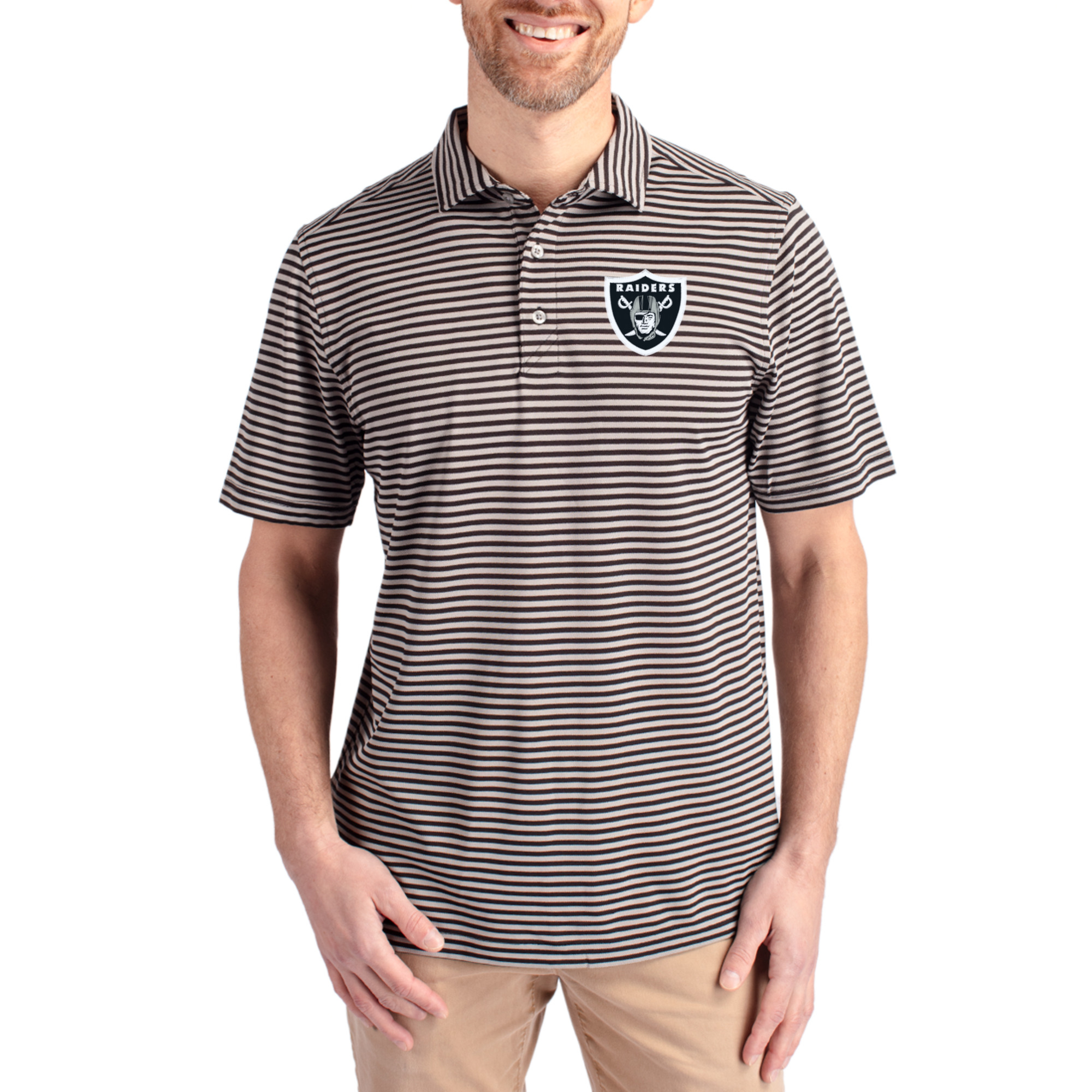 Men's Cutter & Buck Black Las Vegas Raiders Virtue Eco Pique Stripe Recycled Polo