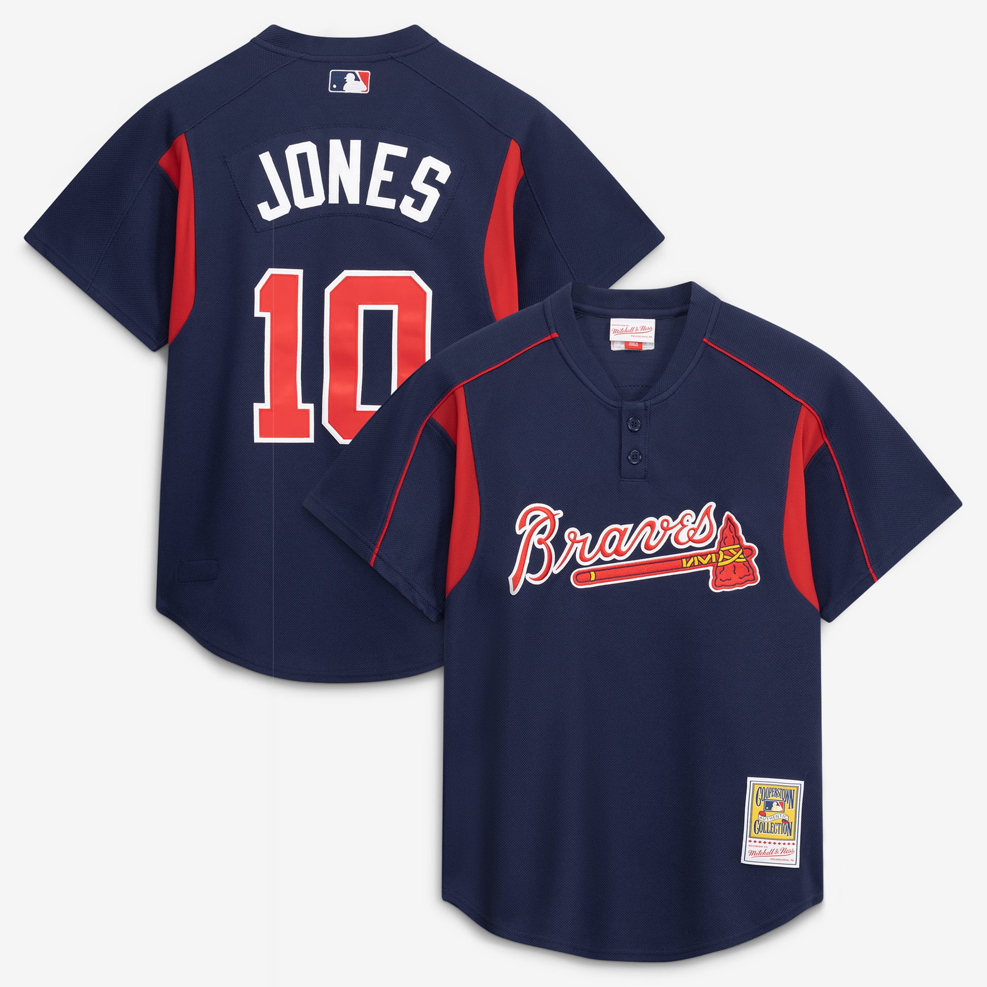 Camiseta auténtica de práctica de bateo para hombre de Mitchell & Ness Chipper Jones, color azul marino, de los Atlanta Braves.