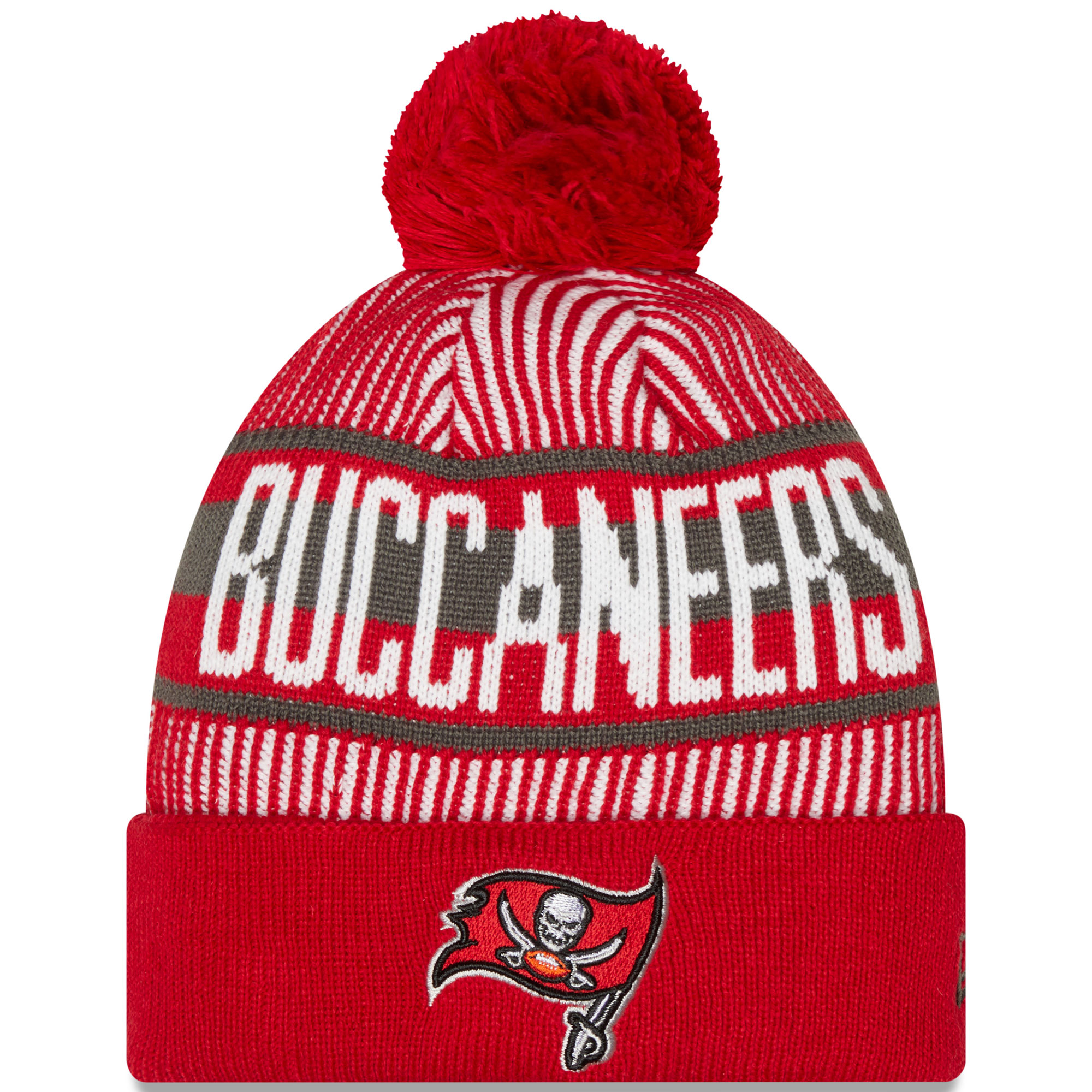 Men's New Era Red Tampa Bay Buccaneers Striped Cuffed Knit Hat with Pom