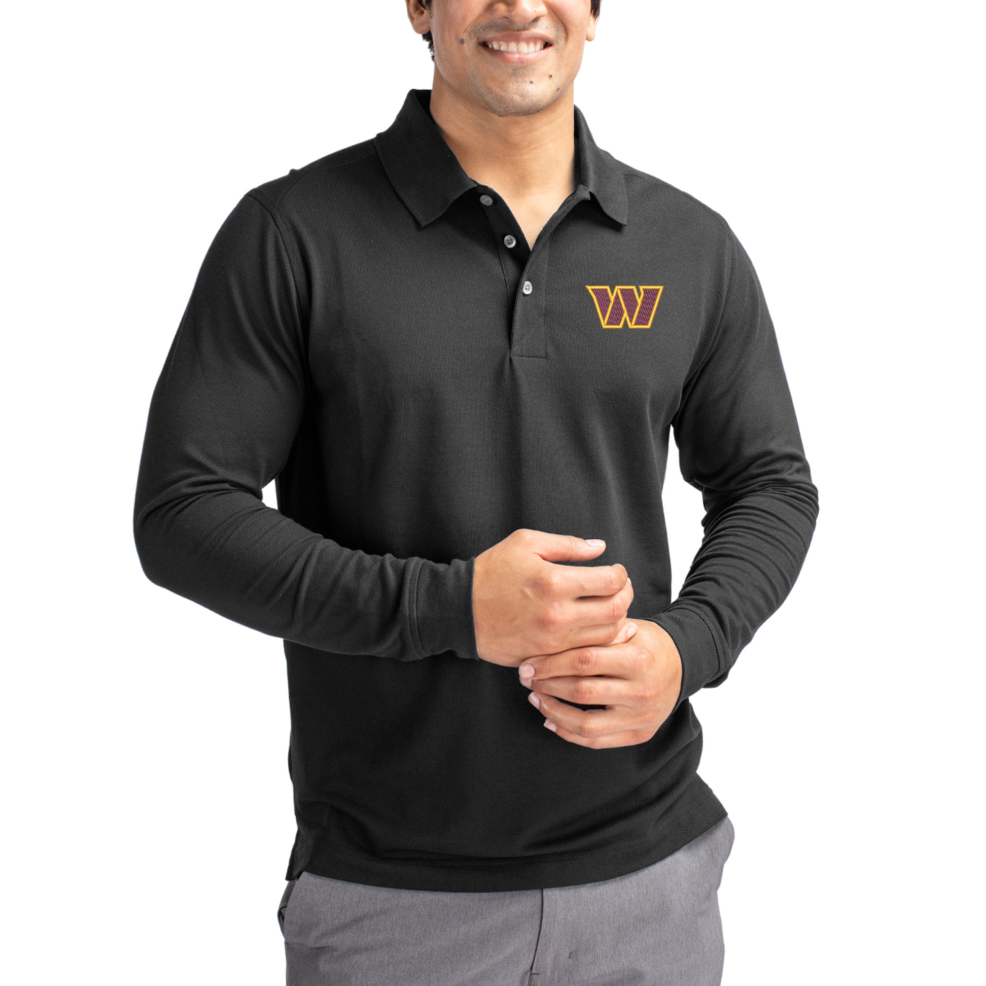 Men's Cutter & Buck Black Washington Commanders Advantage DryTec Pique Long Sleeve Polo