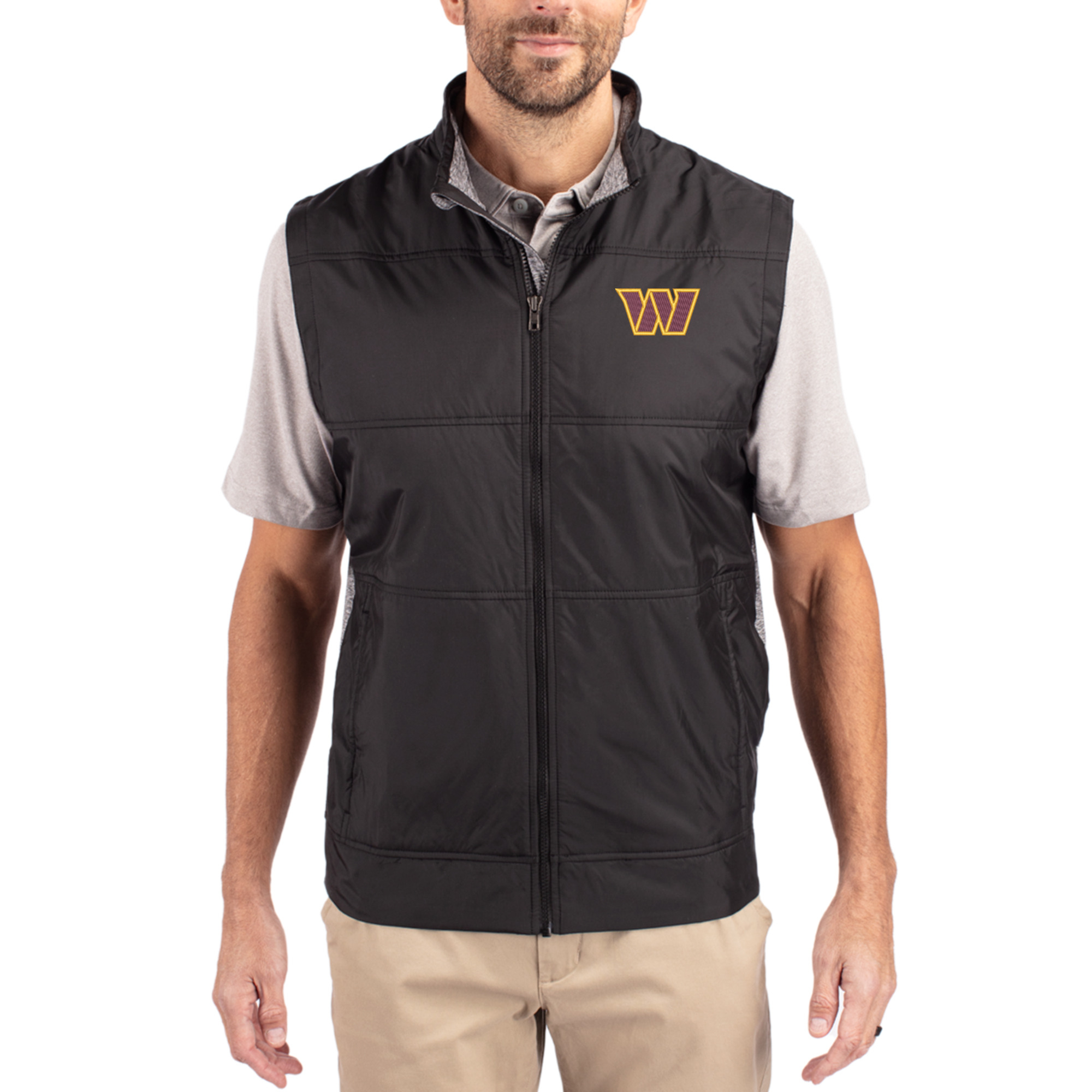 Men's Cutter & Buck Black Washington Commanders Stealth Quilted Full-Zip Windbreaker Vest