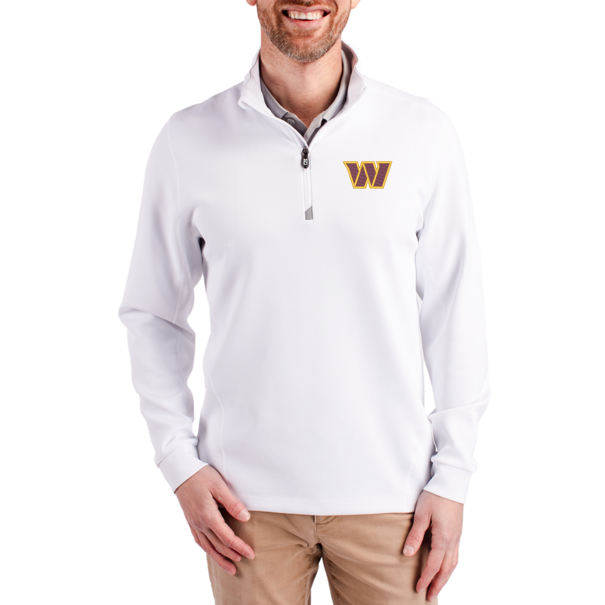 Men's Cutter & Buck White Washington Commanders Traverse Stretch Quarter-Zip Pullover Jacket