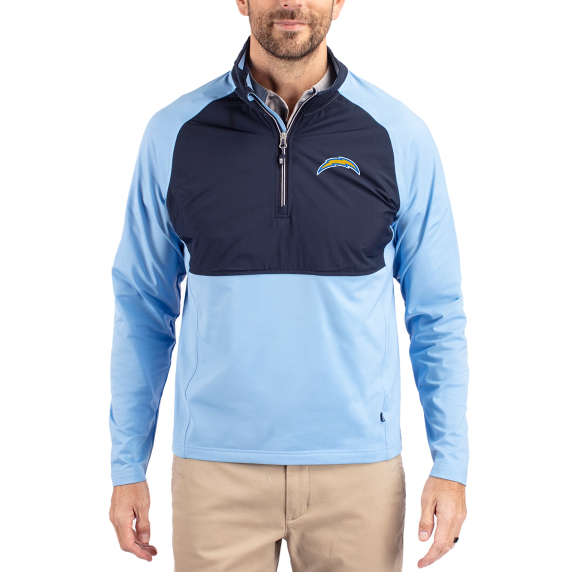 Men's Cutter & Buck Navy/Powder Blue Los Angeles Chargers Adapt Eco Knit Hybrid Recycled Quarter-Zip Raglan Jacket