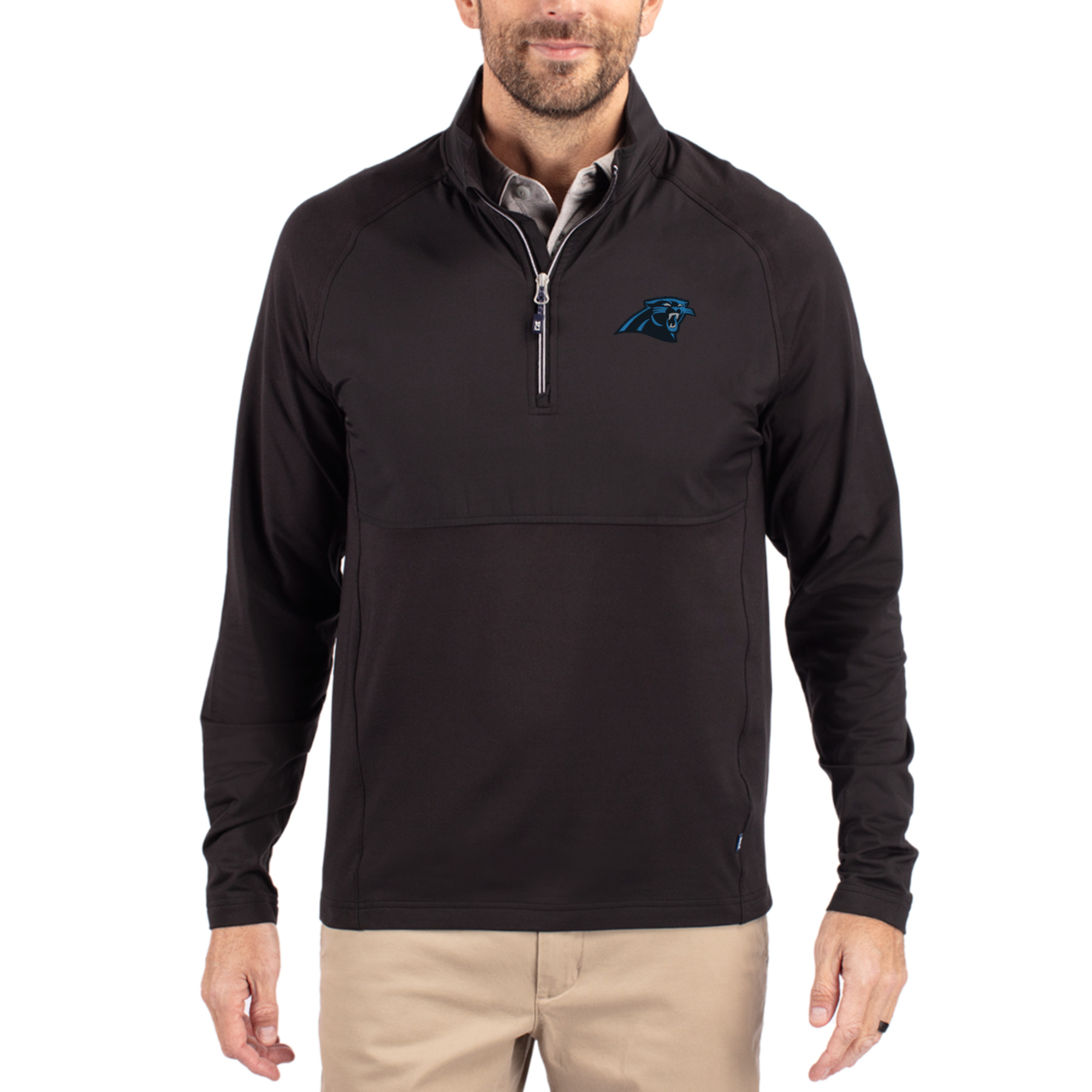 Men's Cutter & Buck Black Carolina Panthers Adapt Eco Knit Hybrid Recycled Quarter-Zip Raglan Jacket
