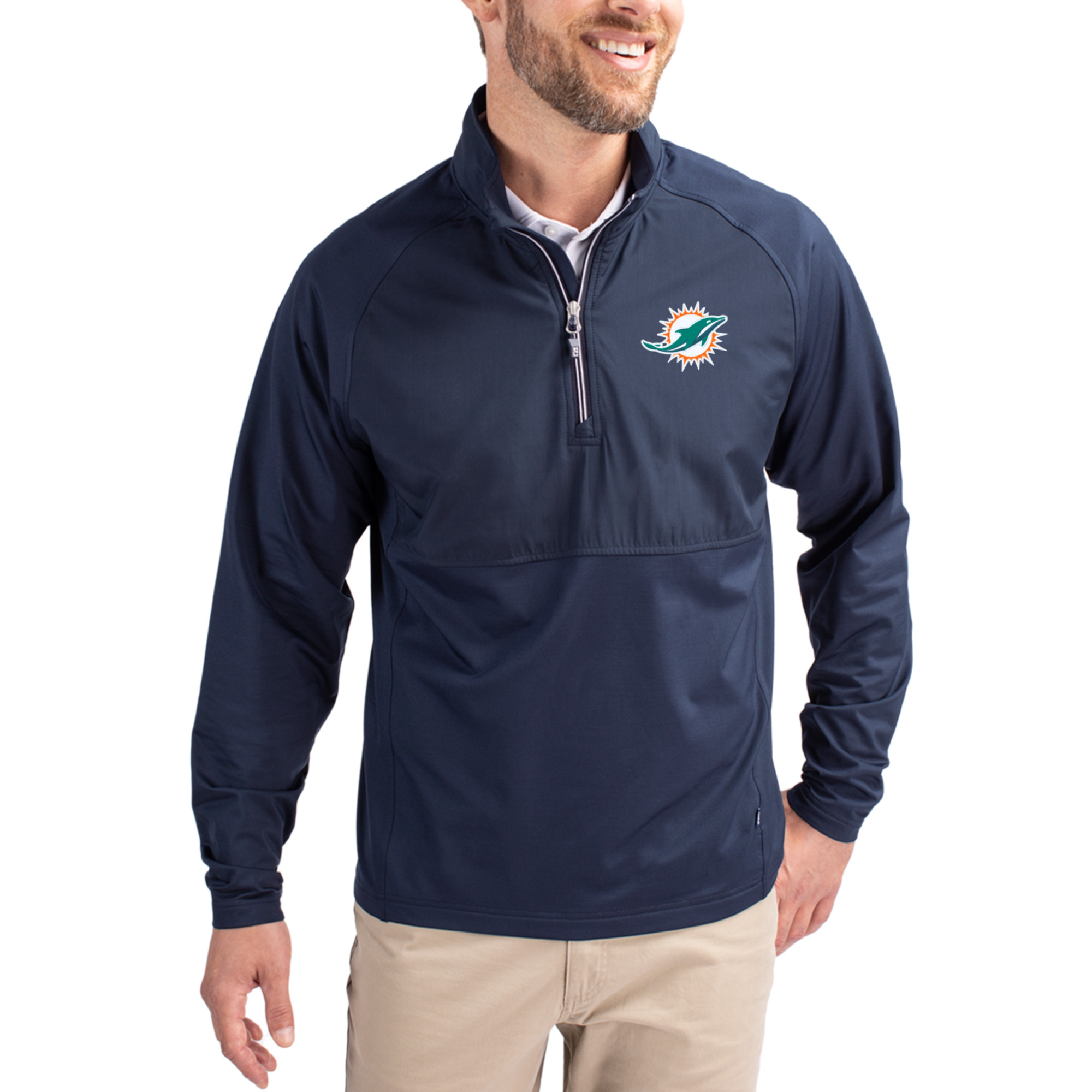 Men's Cutter & Buck Navy Miami Dolphins Adapt Eco Knit Hybrid Recycled Quarter-Zip Raglan Jacket
