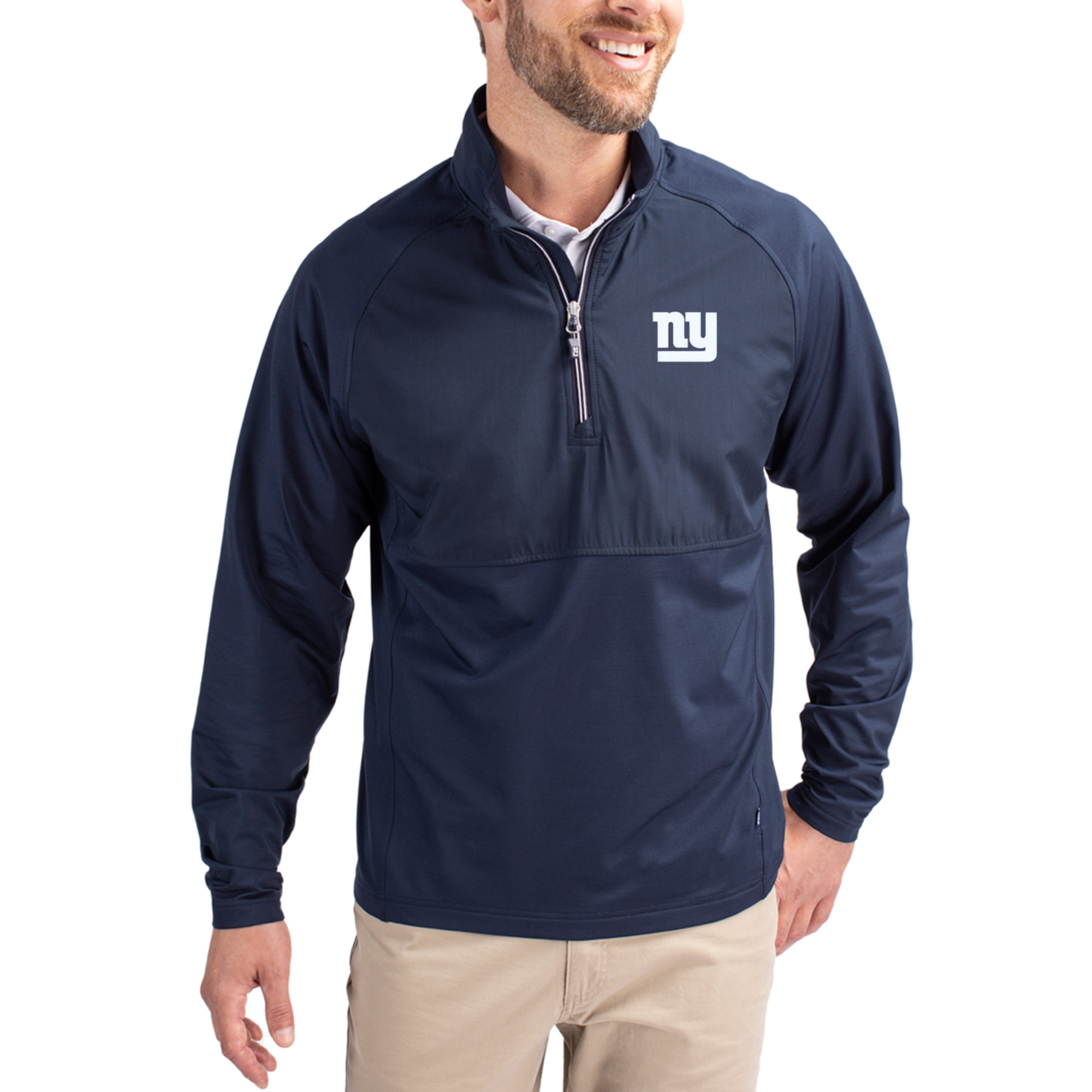 Men's Cutter & Buck Navy New York Giants Adapt Eco Knit Hybrid Recycled Quarter-Zip Raglan Jacket