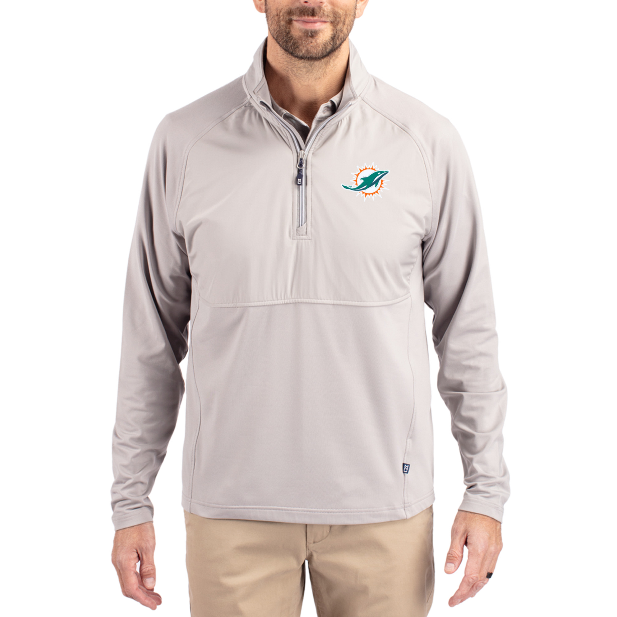 Men's Cutter & Buck Gray Miami Dolphins Adapt Eco Knit Hybrid Recycled Quarter-Zip Raglan Jacket