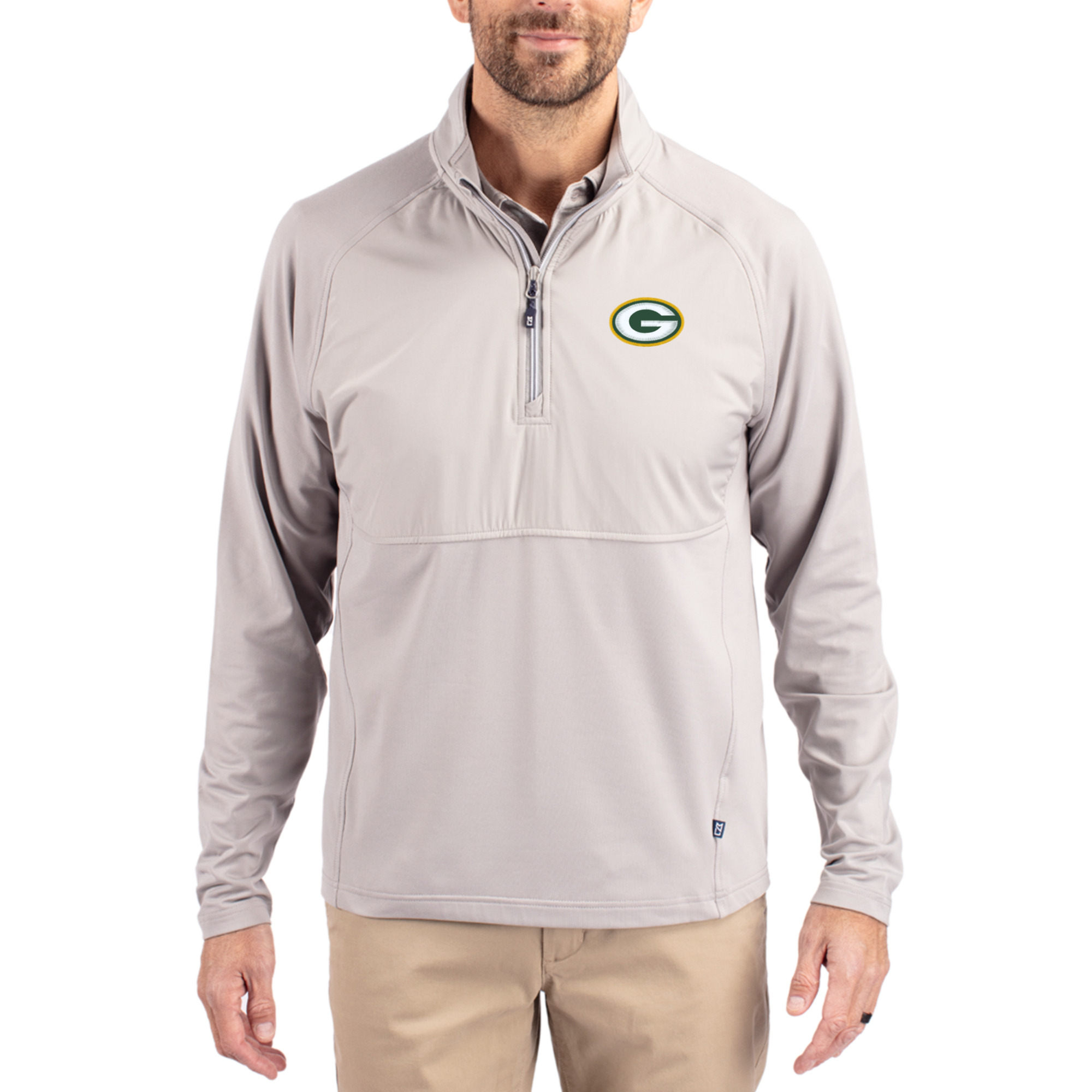 Men's Cutter & Buck Gray Green Bay Packers Adapt Eco Knit Hybrid Recycled Quarter-Zip Raglan Jacket