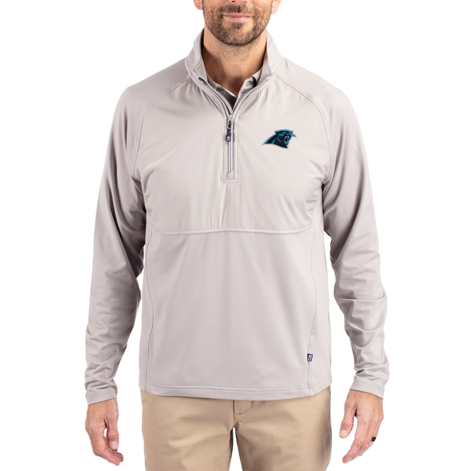 Men's Cutter & Buck Gray Carolina Panthers Adapt Eco Knit Hybrid Recycled Quarter-Zip Raglan Jacket