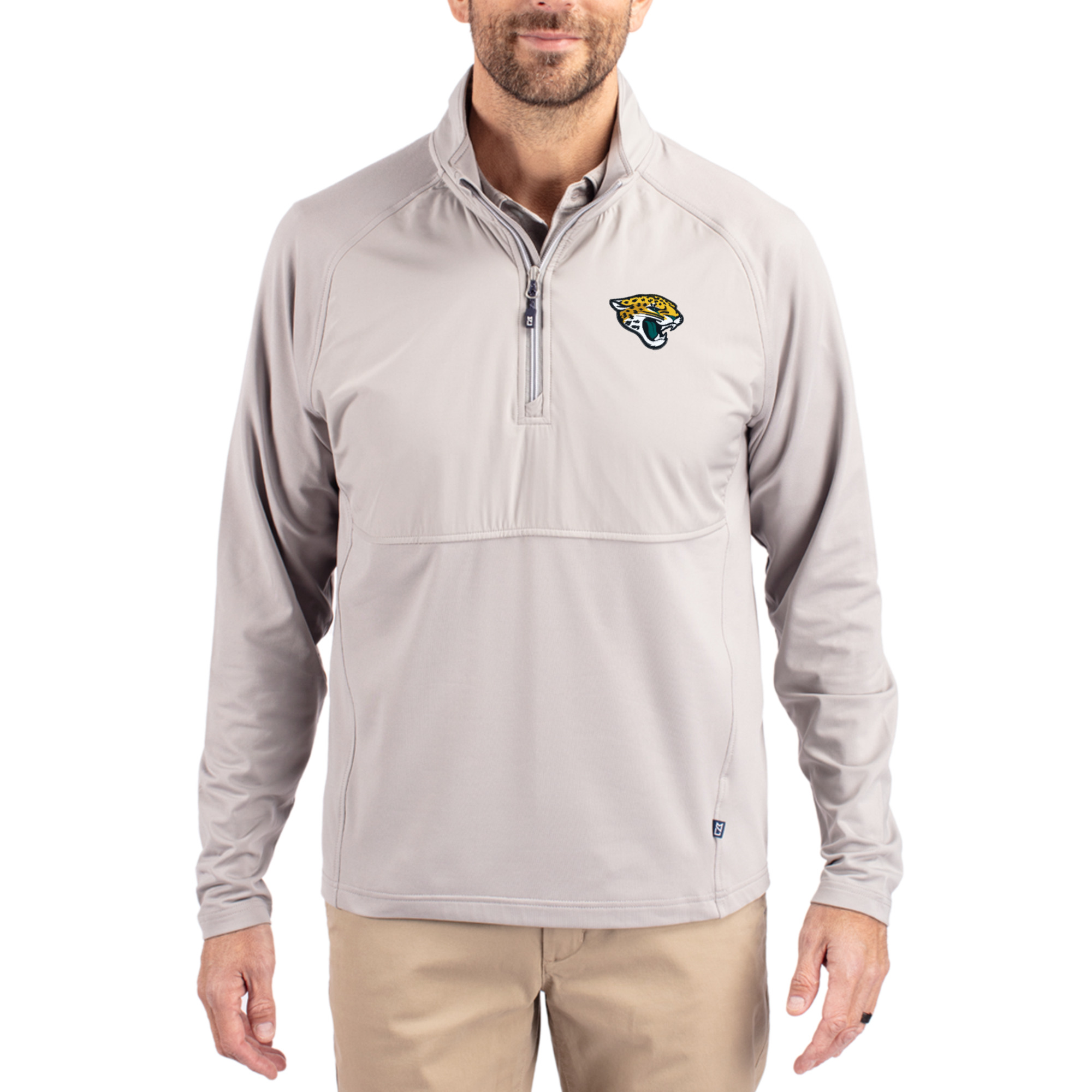 Men's Cutter & Buck Gray Jacksonville Jaguars Adapt Eco Knit Hybrid Recycled Quarter-Zip Raglan Jacket