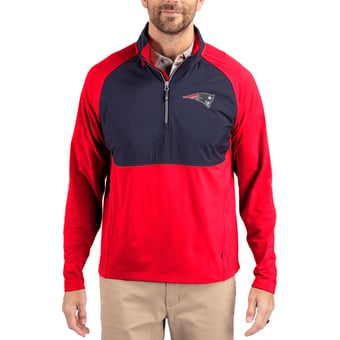 Men's Cutter & Buck Navy/Red New England Patriots Adapt Eco Knit Hybrid Recycled Quarter-Zip Raglan Jacket