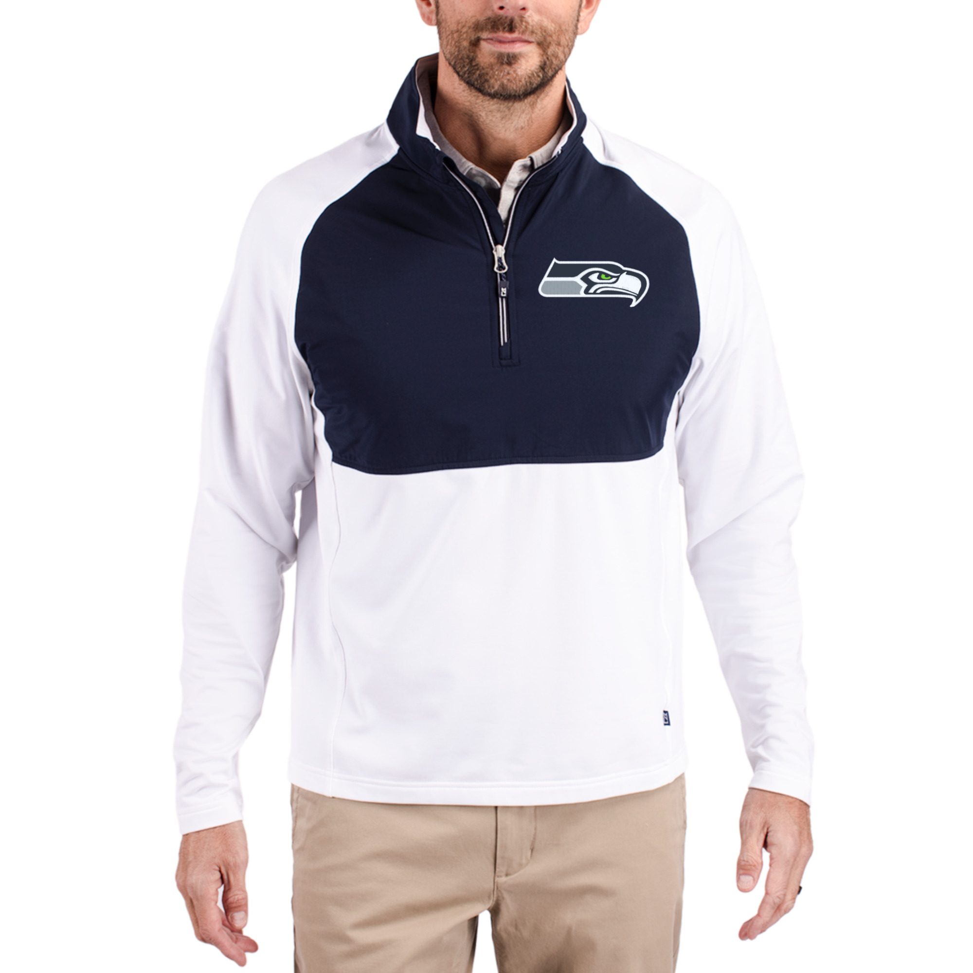 Men's Cutter & Buck Navy/White Seattle Seahawks Adapt Eco Knit Hybrid Recycled Quarter-Zip Raglan Jacket