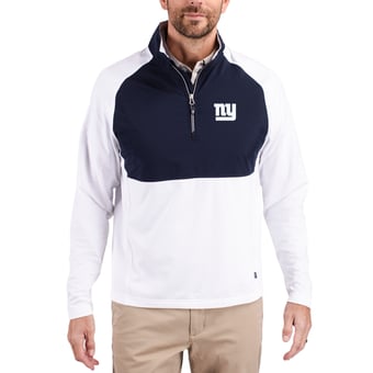 Men's Cutter & Buck Navy/White New York Giants Adapt Eco Knit Hybrid Recycled Quarter-Zip Raglan Jacket