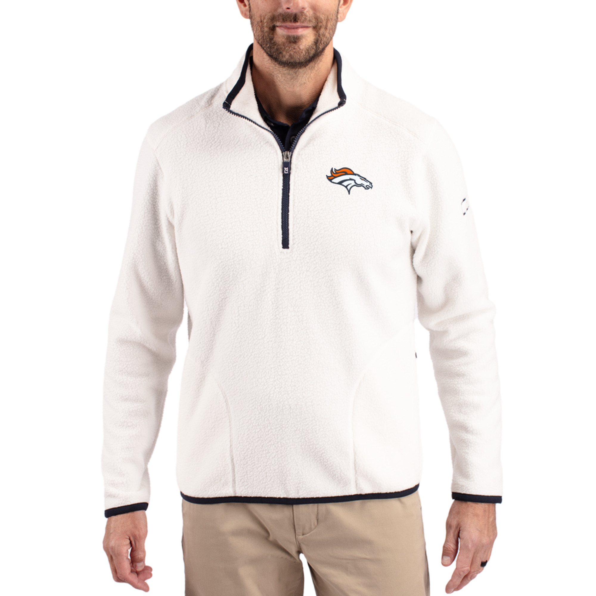 Men's Cutter & Buck White Denver Broncos Cascade Eco Sherpa Fleece Quarter-Zip Pullover Jacket