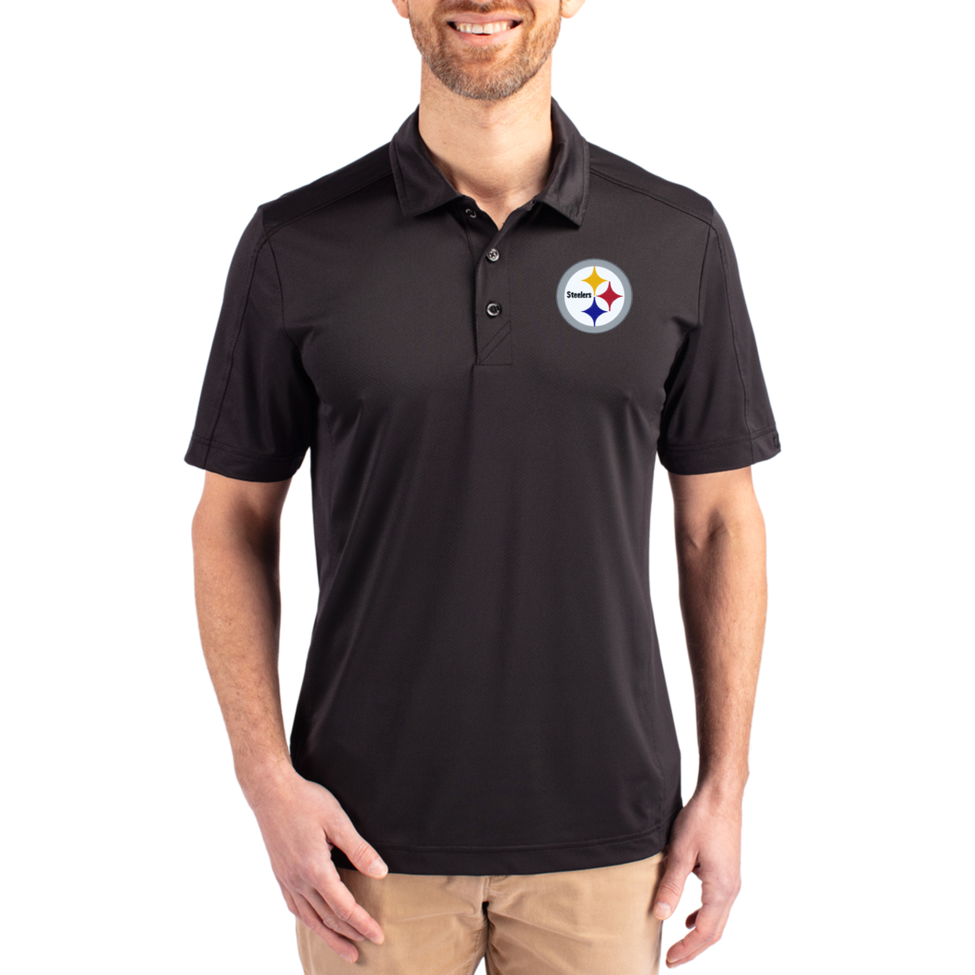 Men's Cutter & Buck Black Pittsburgh Steelers Prospect Textured Stretch Polo