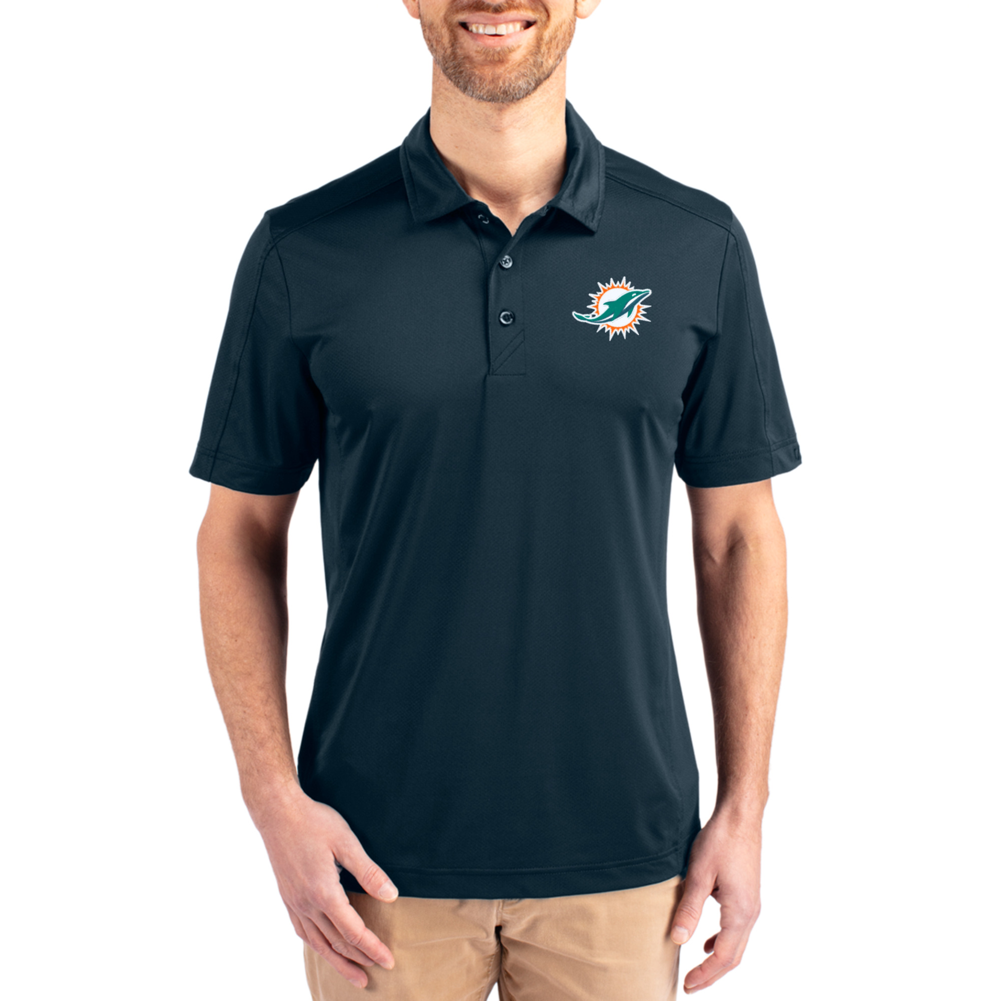 Men's Cutter & Buck Navy Miami Dolphins Prospect Textured Stretch Polo