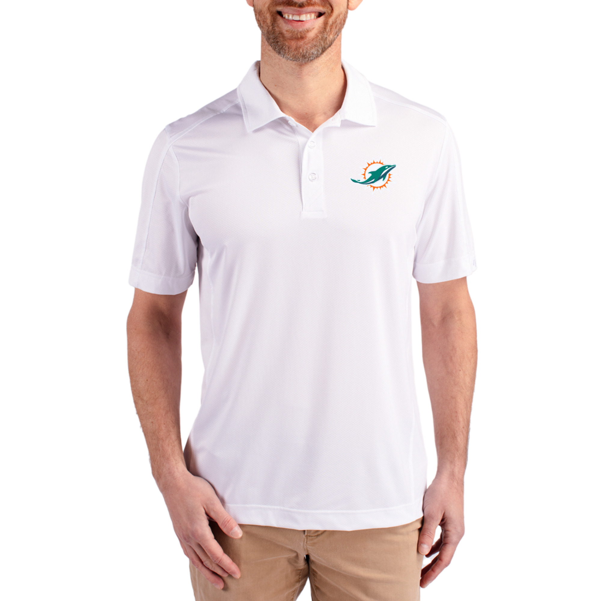 Men's Cutter & Buck White Miami Dolphins Prospect Textured Stretch Polo